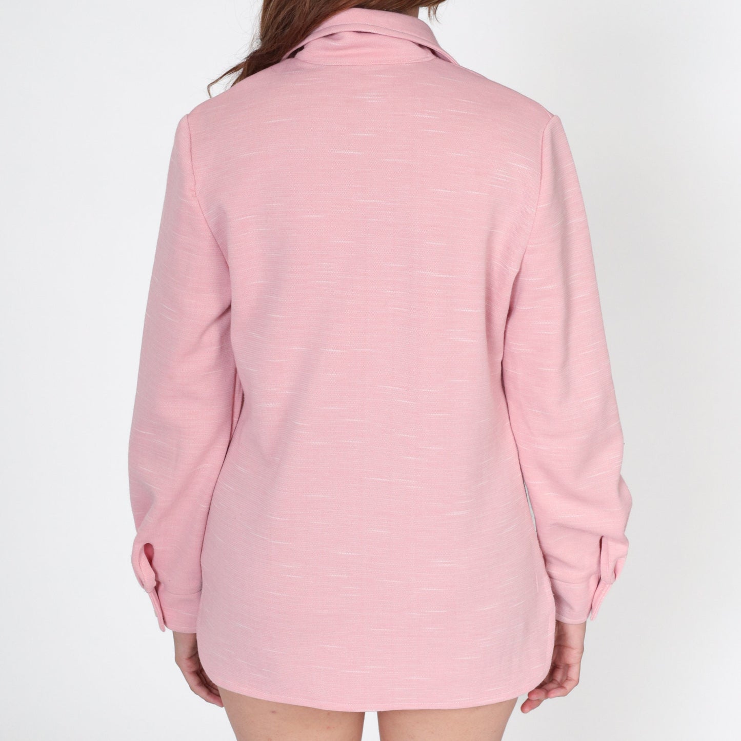 70s Pink Dagger Collar Button-Up Blouse Long Sleeve Disco Shirt Medium