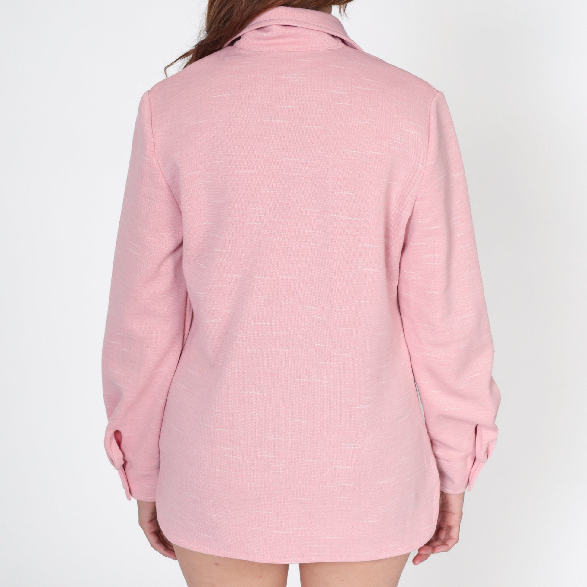 70s Pink Dagger Collar Button-Up Blouse Long Sleeve Disco Shirt Medium