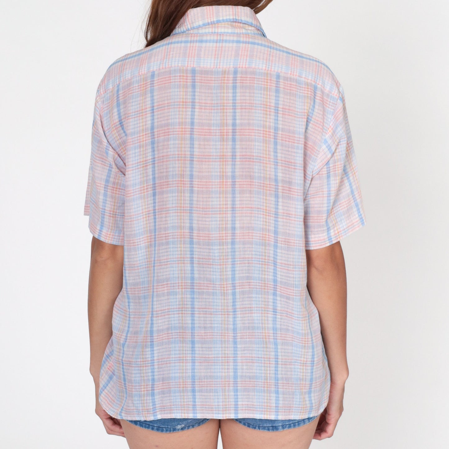 80s Plaid Button-Up Shirt Pink White Blue Checkered Short Sleeve Men's Medium