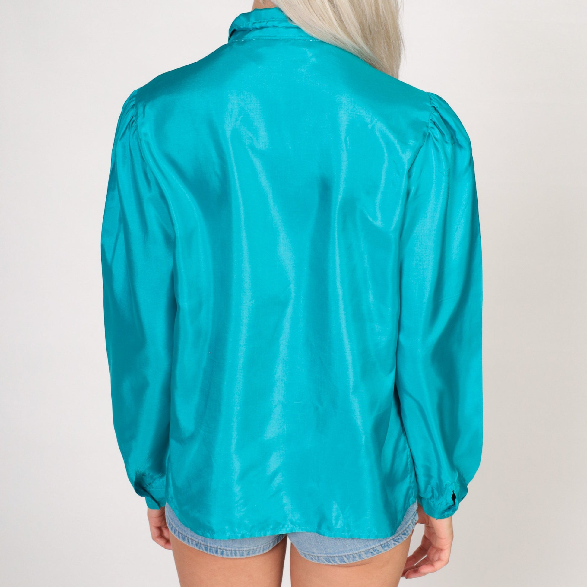 80s Turquoise Puff Sleeve Blouse Button-Up Pleated Chest Shiny Small