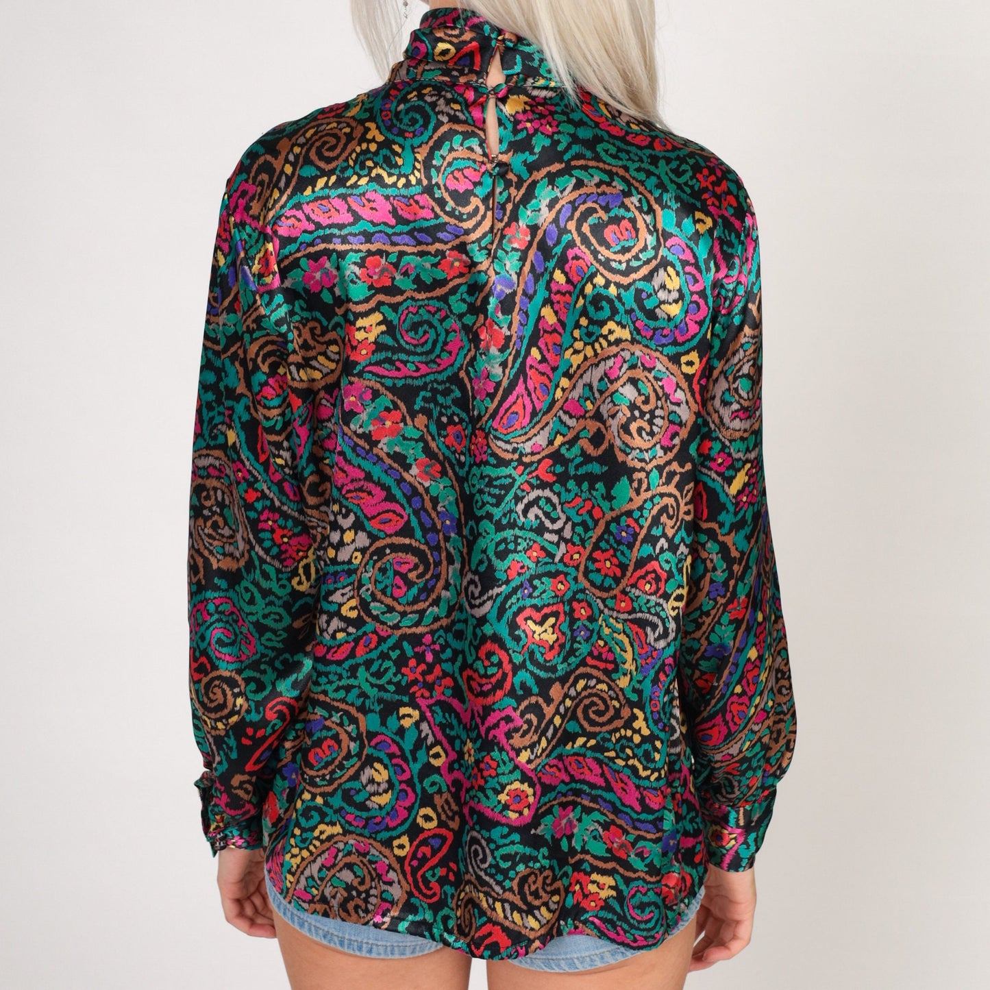 80s Paisley Floral Blouse Black Satin Mock Neck Long Sleeve Small S