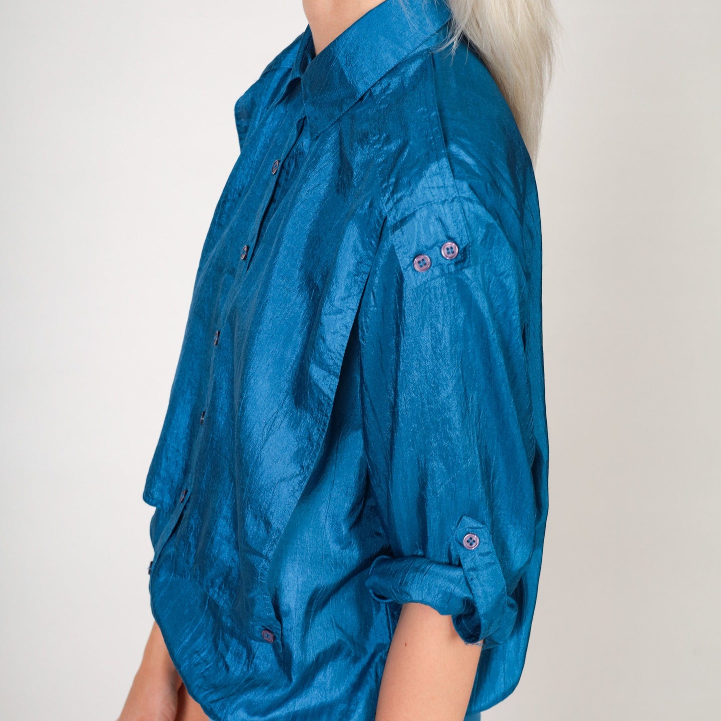 80s Shiny Blue Button-Up Blouse Epaulette Shoulder Large L