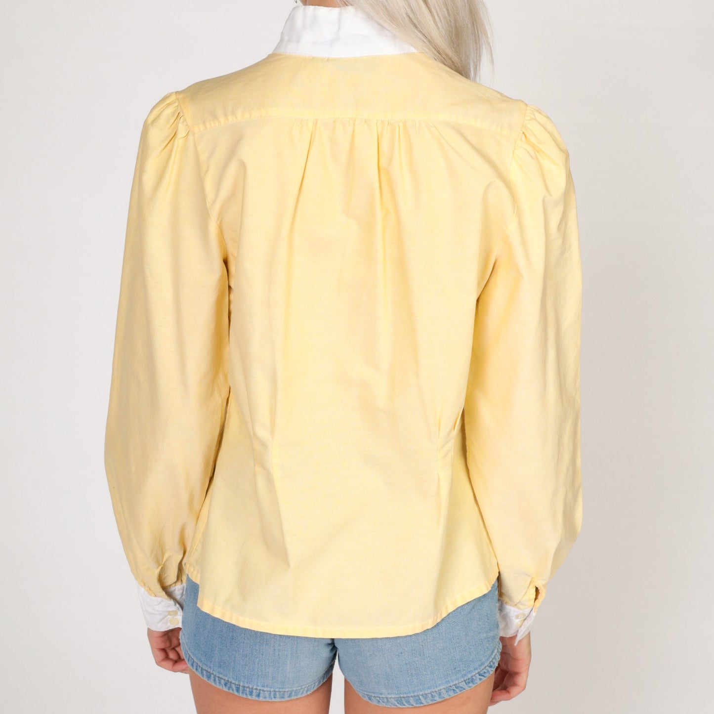 80s Yellow Puff Sleeve Blouse White Mock Neck Button Up Small