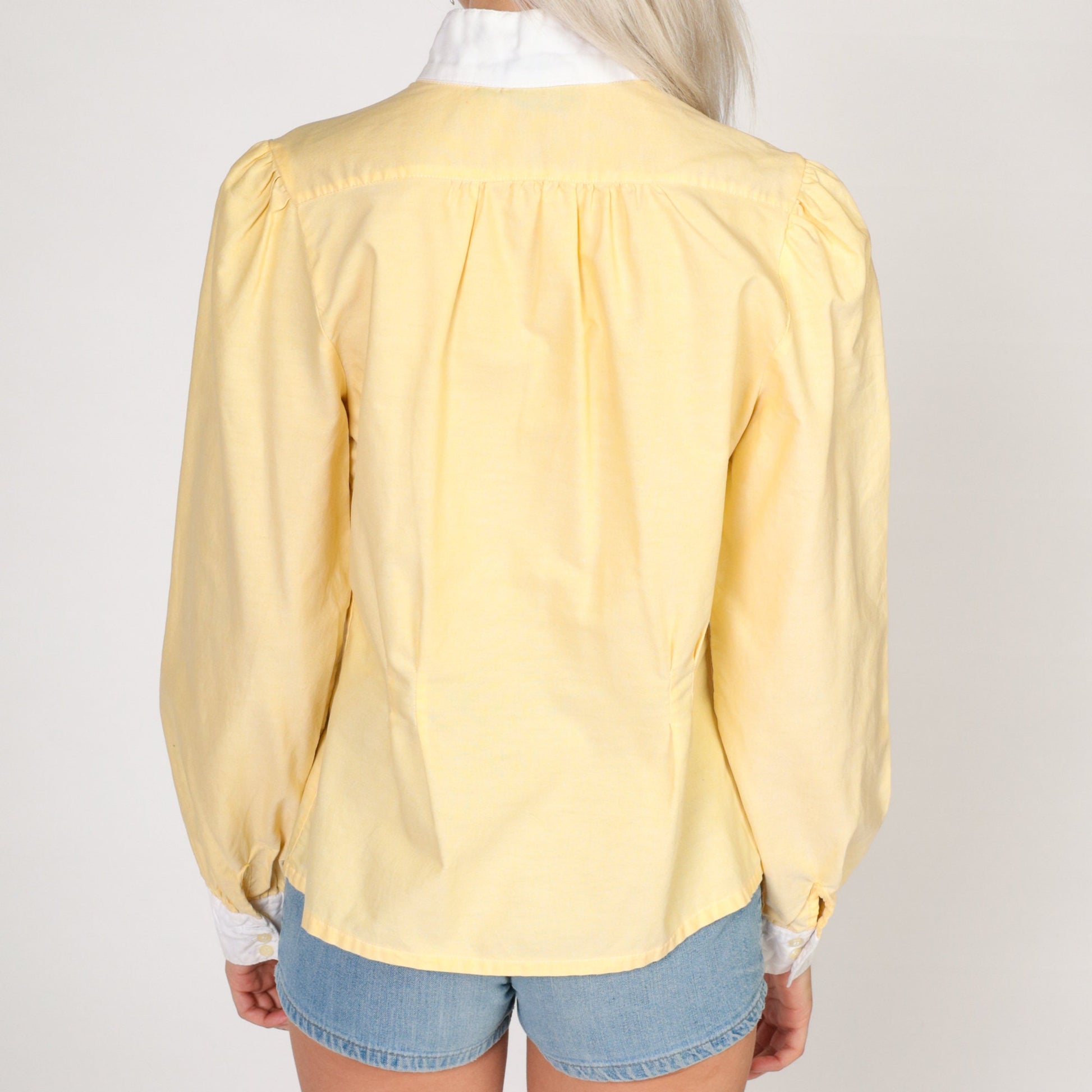 80s Yellow Puff Sleeve Blouse White Mock Neck Button Up Small