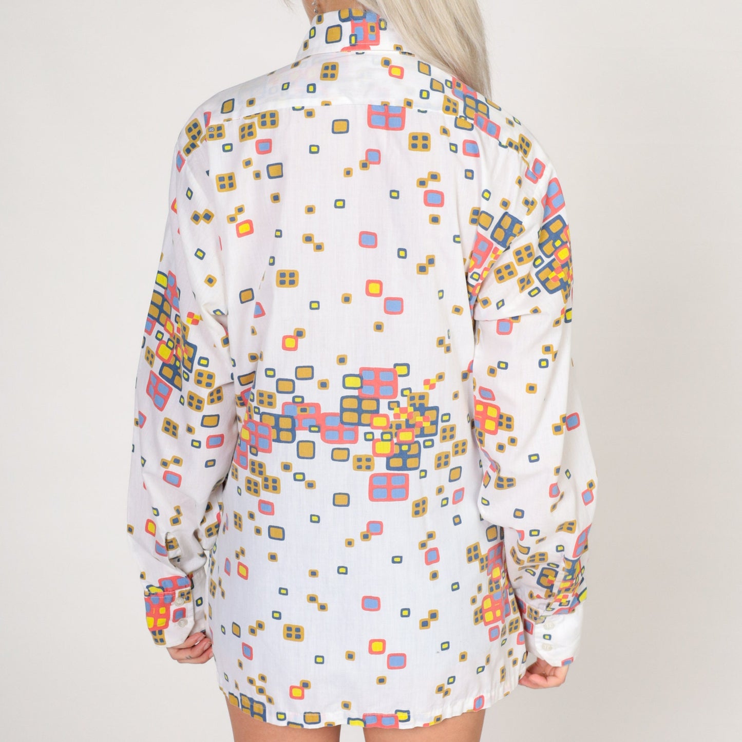 70s Disco Button-Up Shirt Dagger Collar Abstract Square Print White Medium