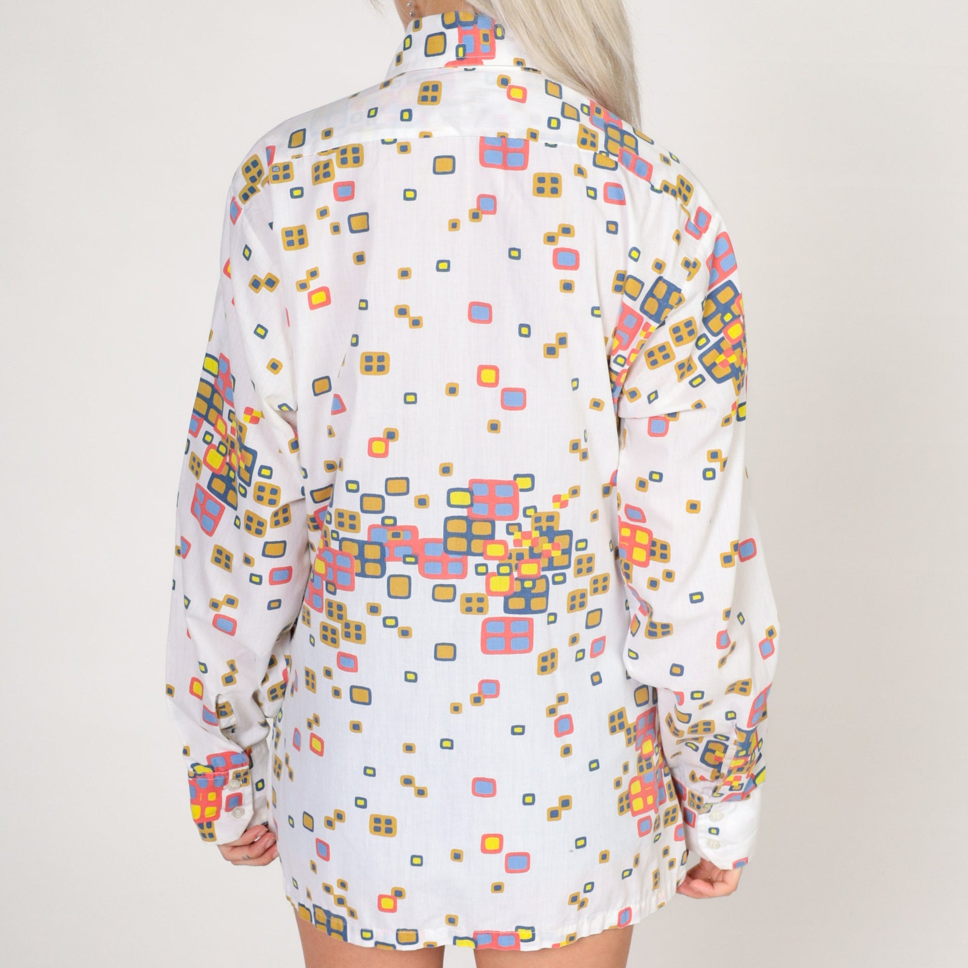 70s Disco Button-Up Shirt Dagger Collar Abstract Square Print White Medium