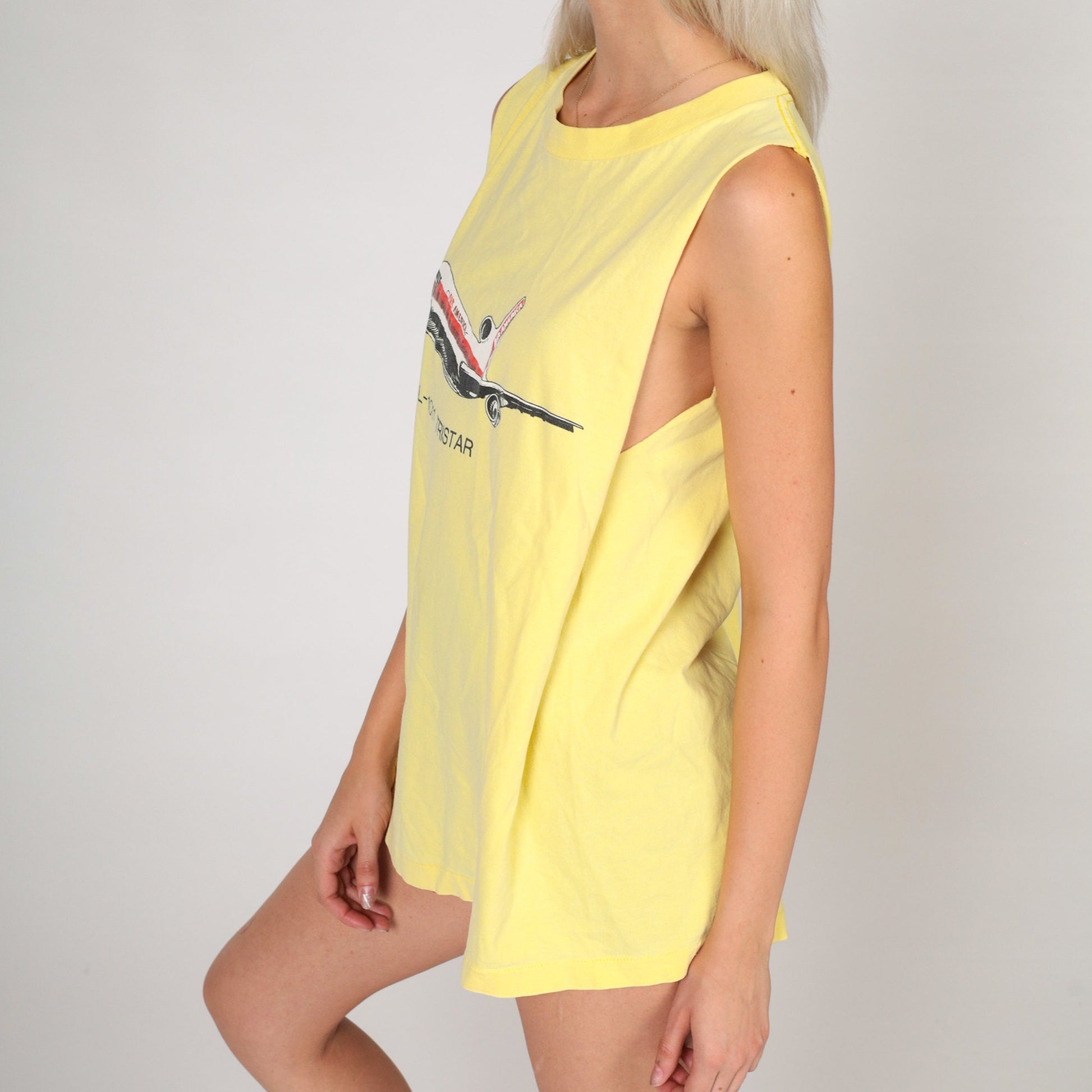 90s L-1011 TriStar Airplane Graphic Muscle Tank Yellow Medium Large