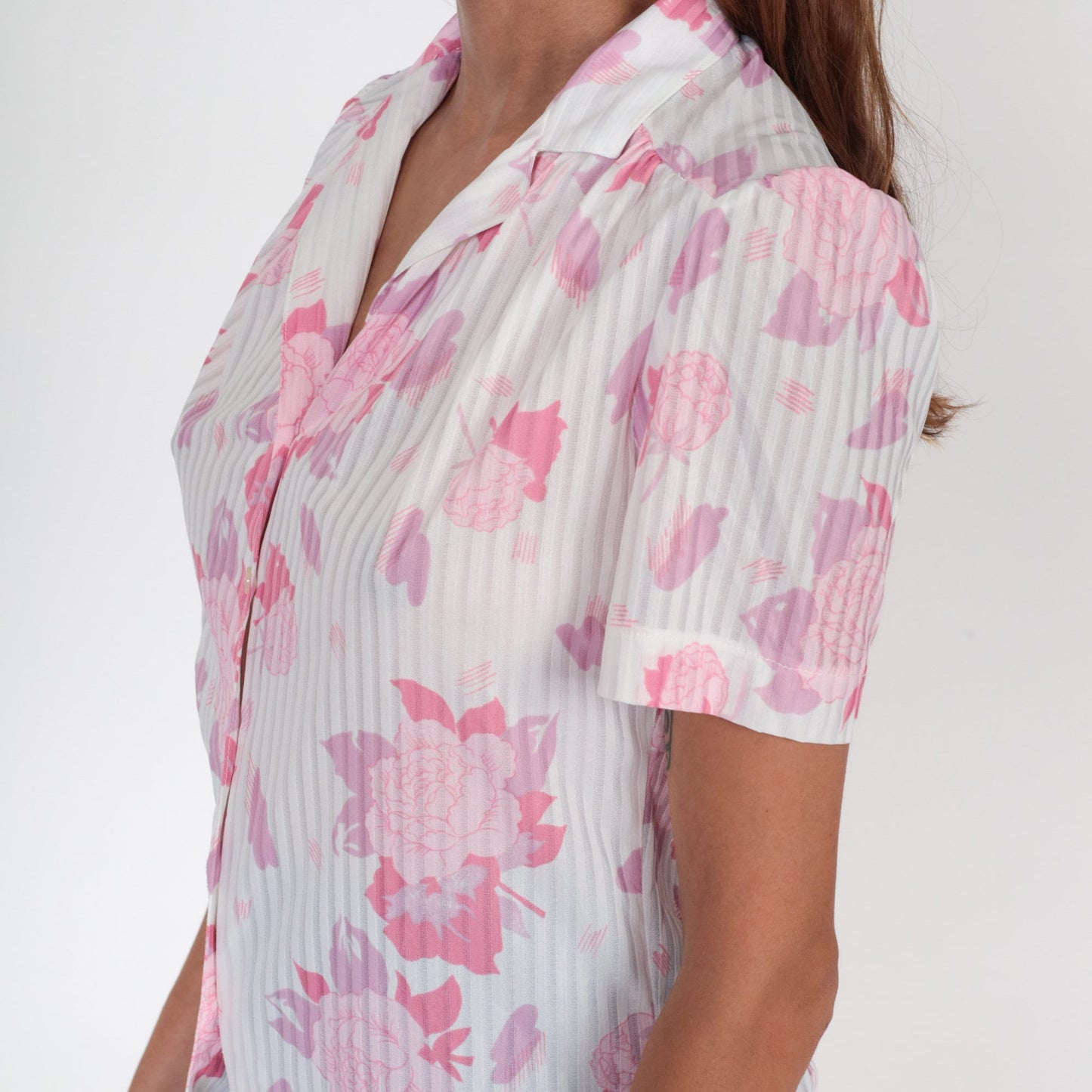 70s Graff Floral Button-Up Blouse White Puff Sleeve Small