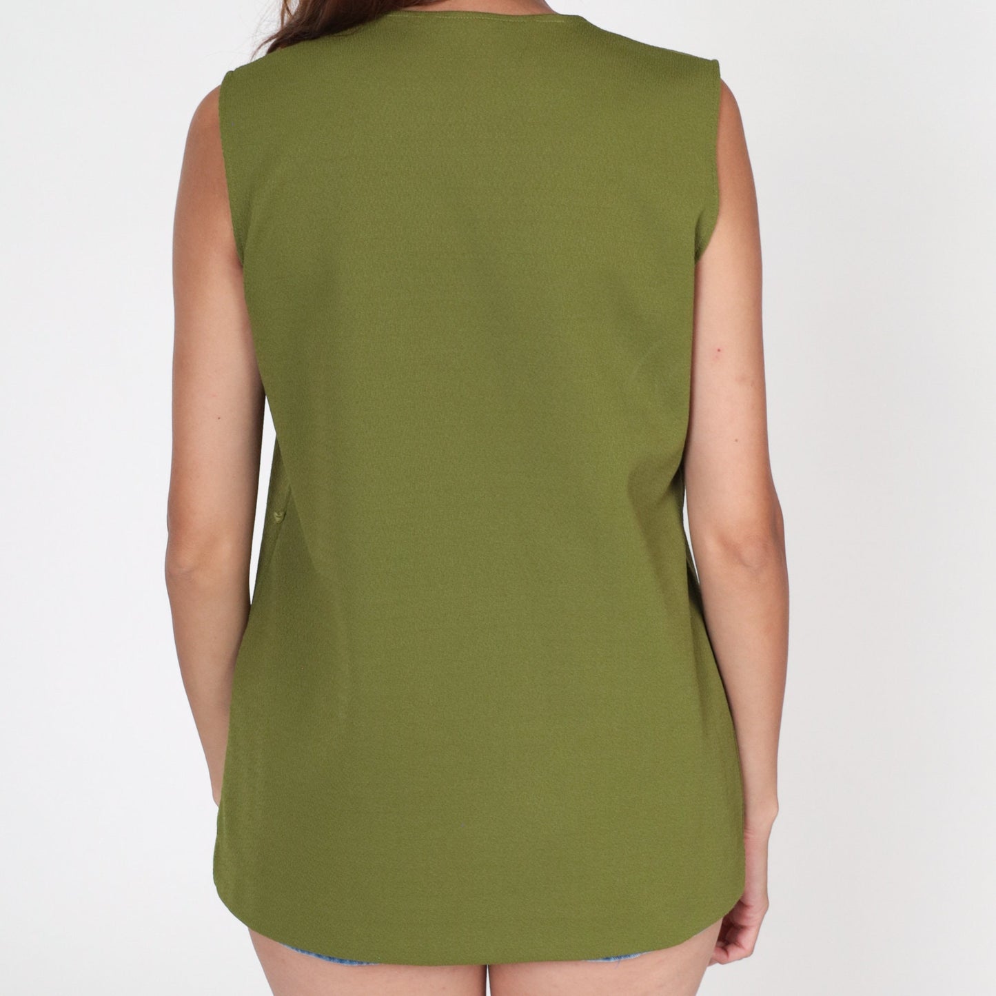 70s Olive Green Tank Top V Neck Button Up Sleeveless Blouse Small Medium