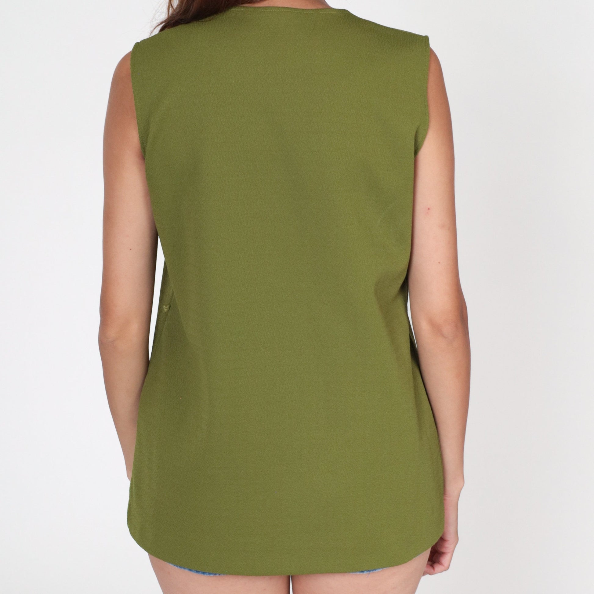 70s Olive Green Tank Top V Neck Button Up Sleeveless Blouse Small Medium
