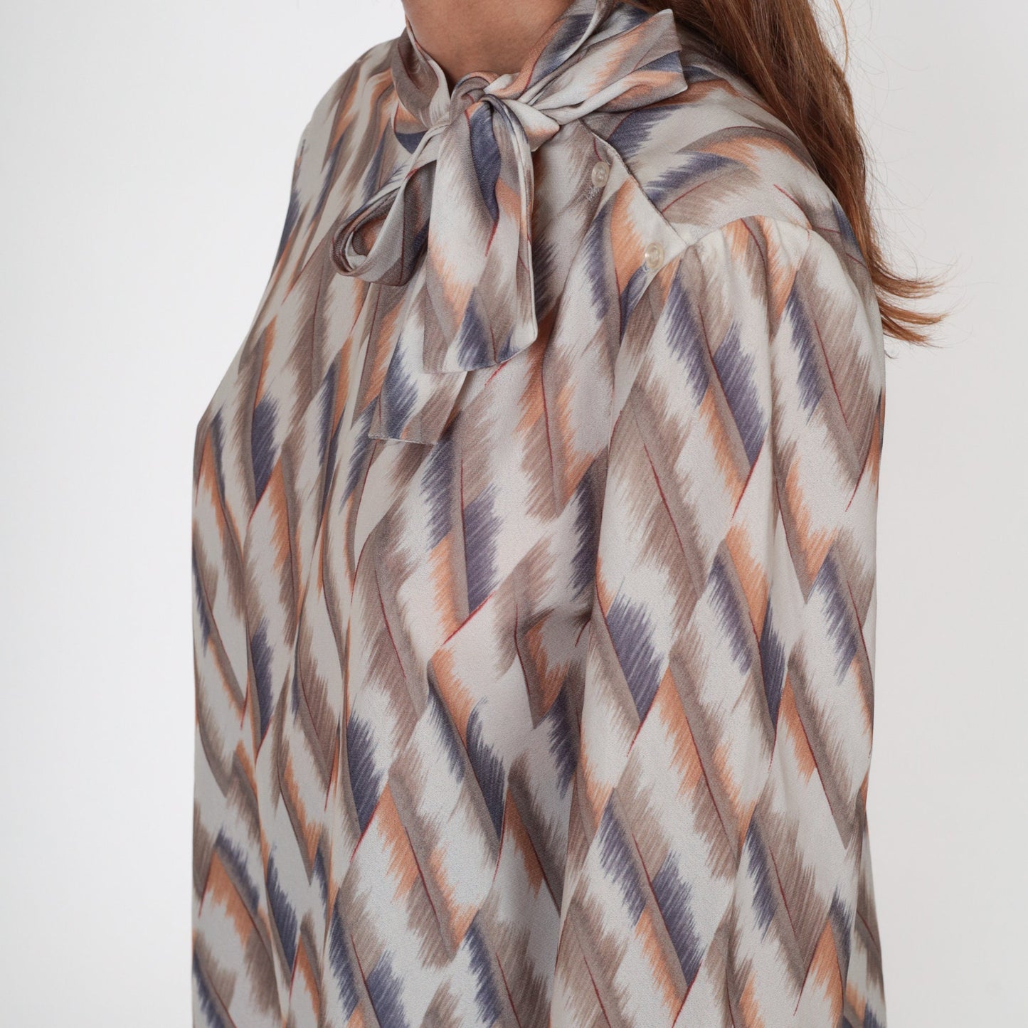 70s Checkered Ascot Blouse Taupe Orange Blue Long Sleeve Neck Tie Top Large L