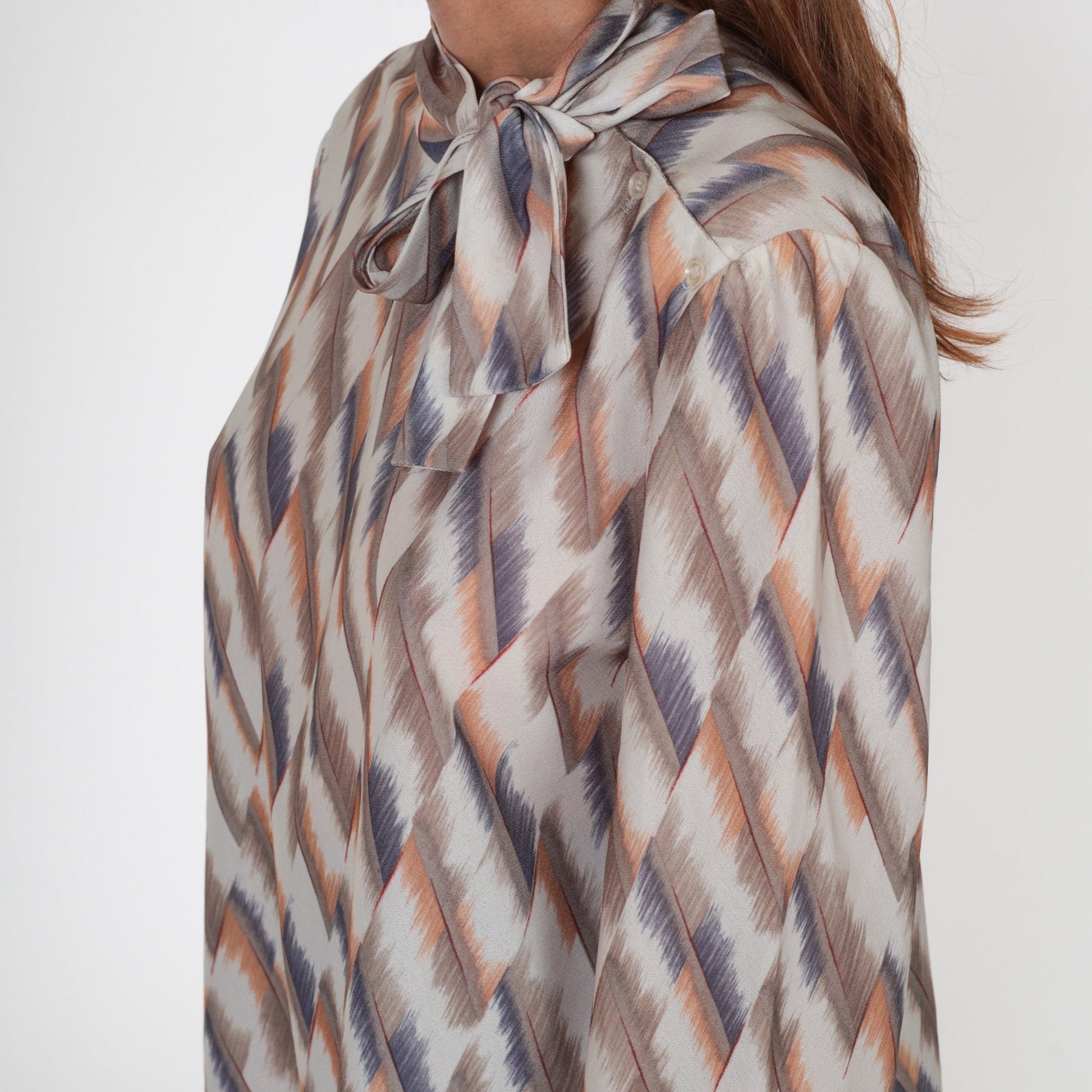 70s Checkered Ascot Blouse Taupe Orange Blue Long Sleeve Neck Tie Top Large L