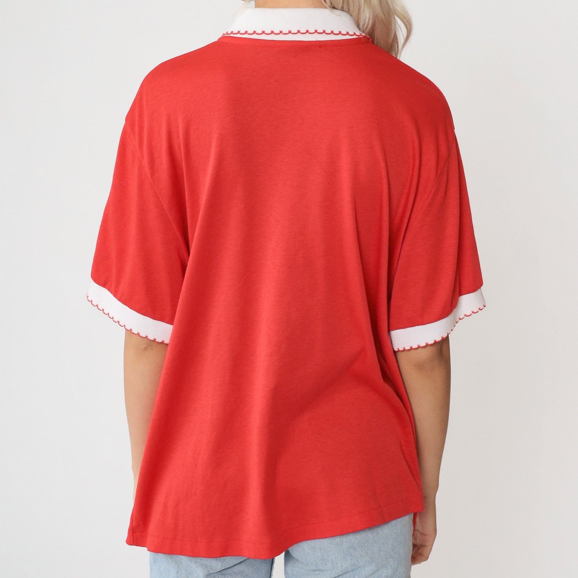 80s Red Polo Shirt GW Embroidered Crest Half Button Ringer Extra Large XL