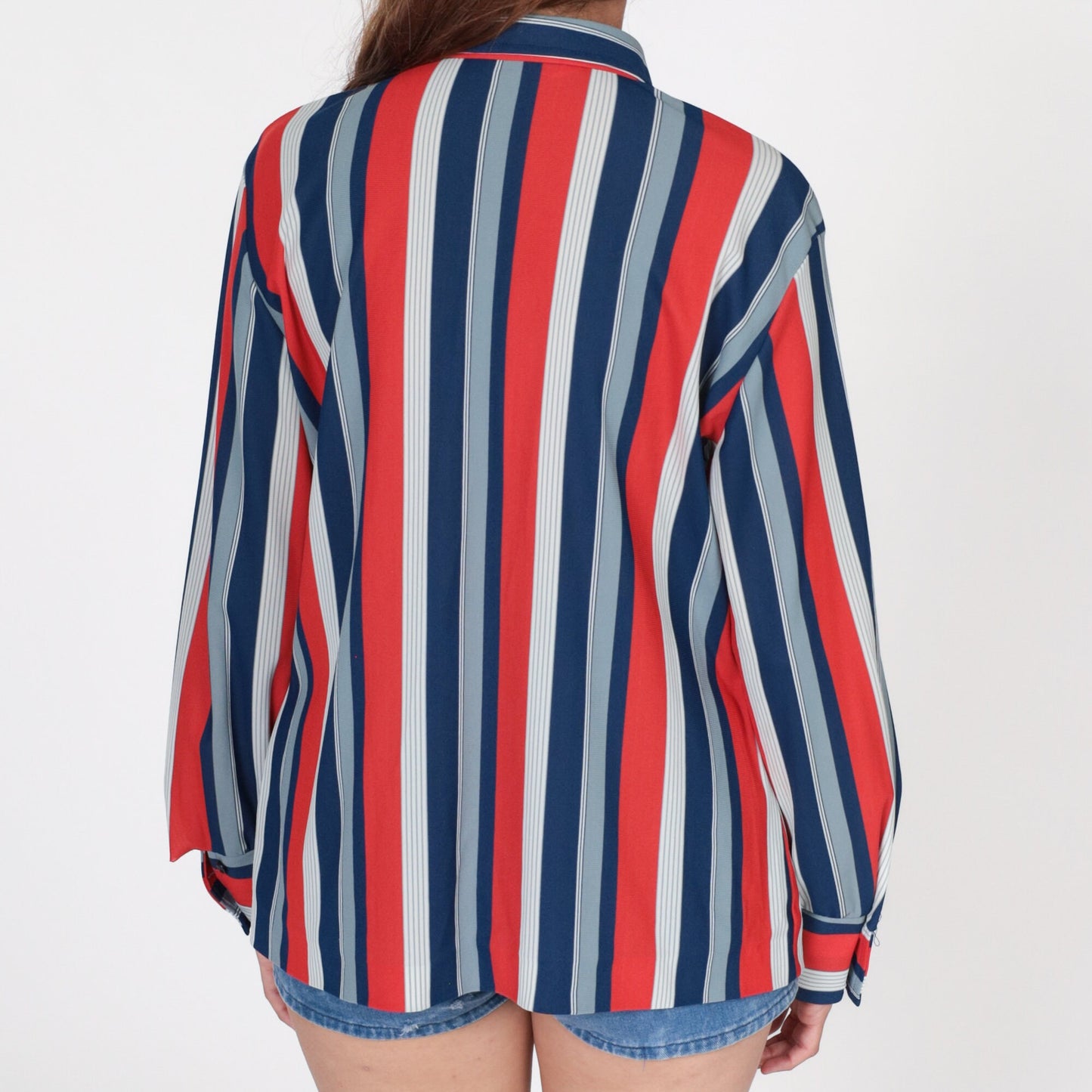 70s Striped Button Up Blouse Red White Blue Pointed Collar Long Sleeve Large