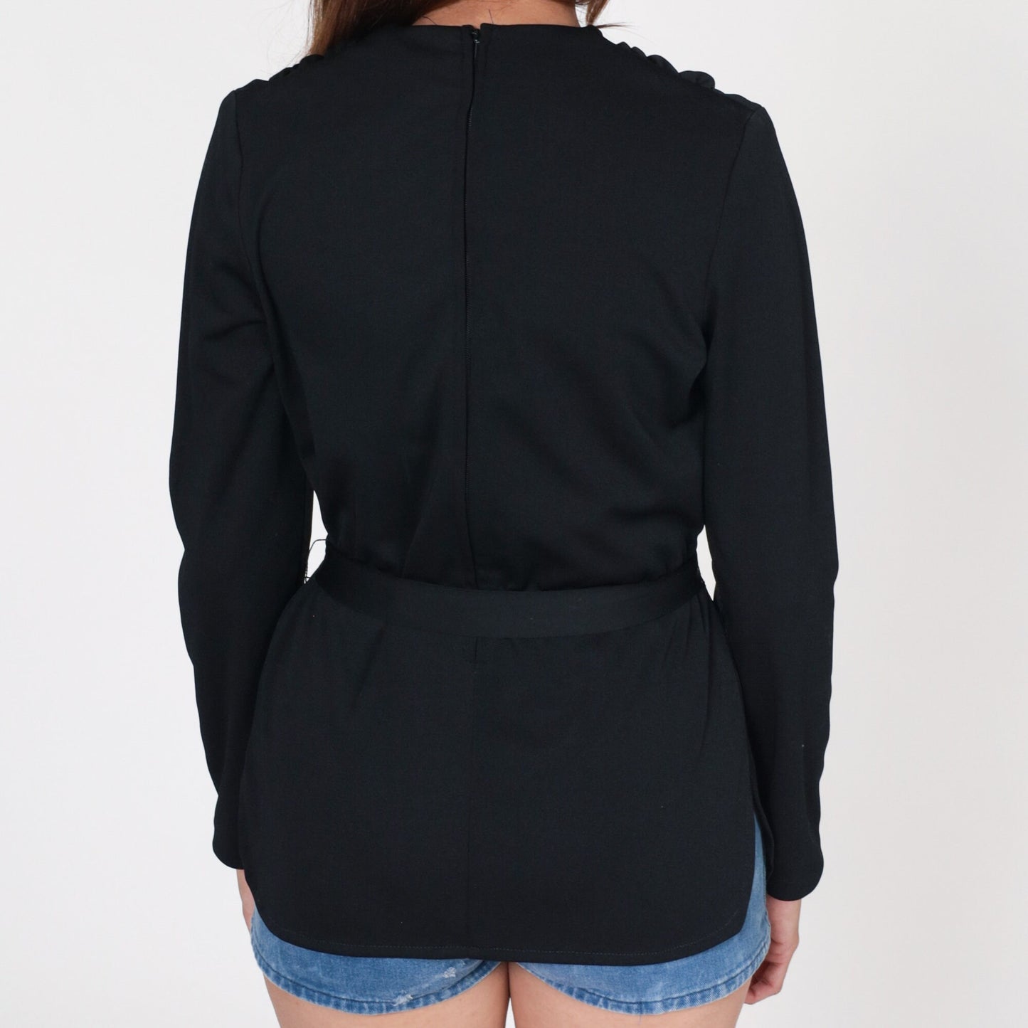 70s Black Cowl Neck Blouse Long Sleeve Belted Polyester Top Small