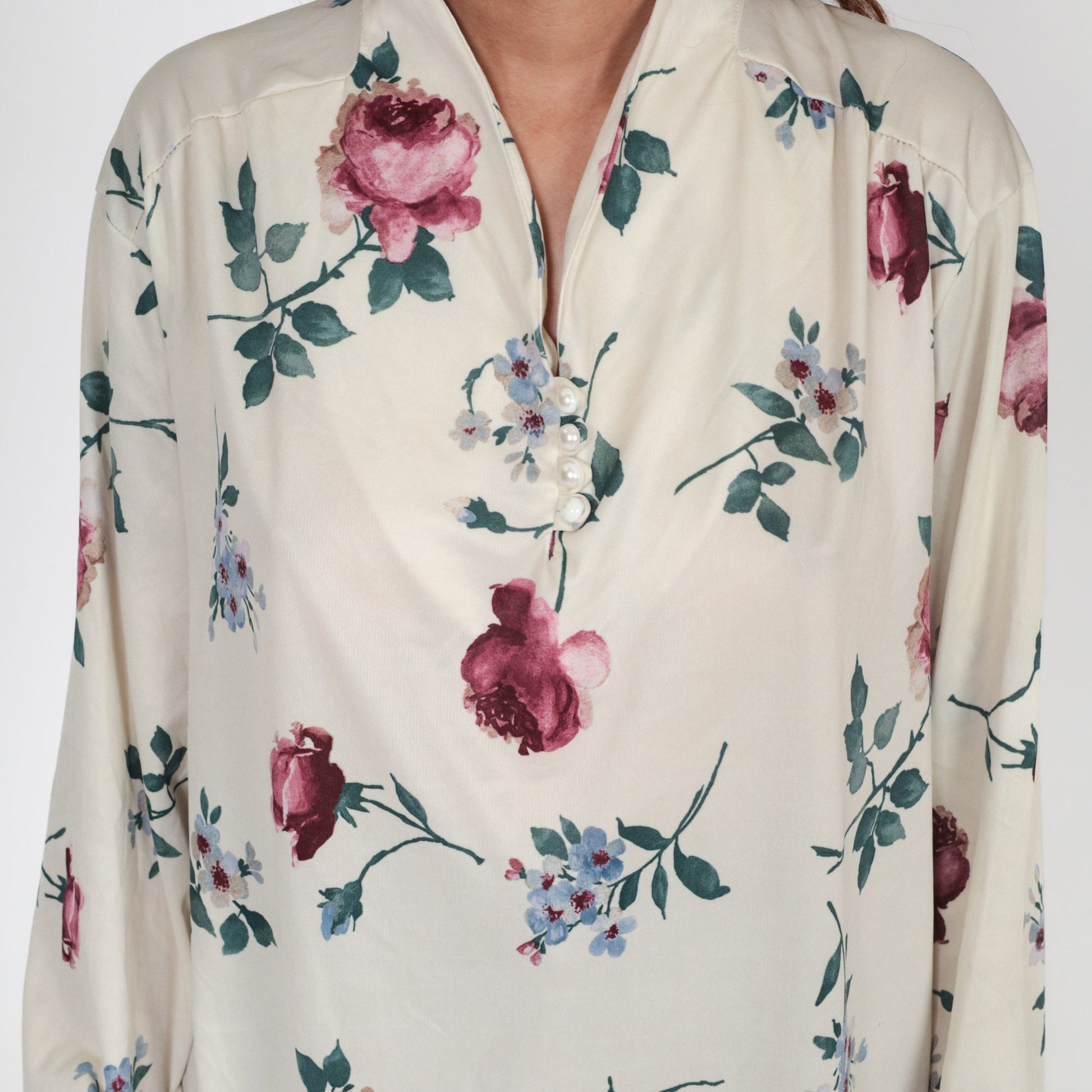 70s Floral Button-Up Blouse Cream Long Sleeve Shirt Plus Size XXL