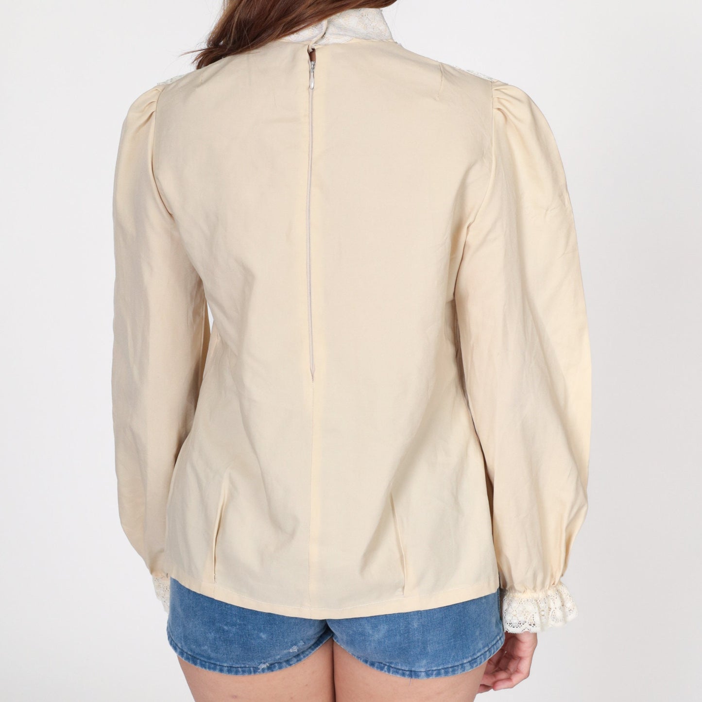 70s Beige Puff Sleeve Blouse Lace Bib Mock Neck Poet Shirt Medium