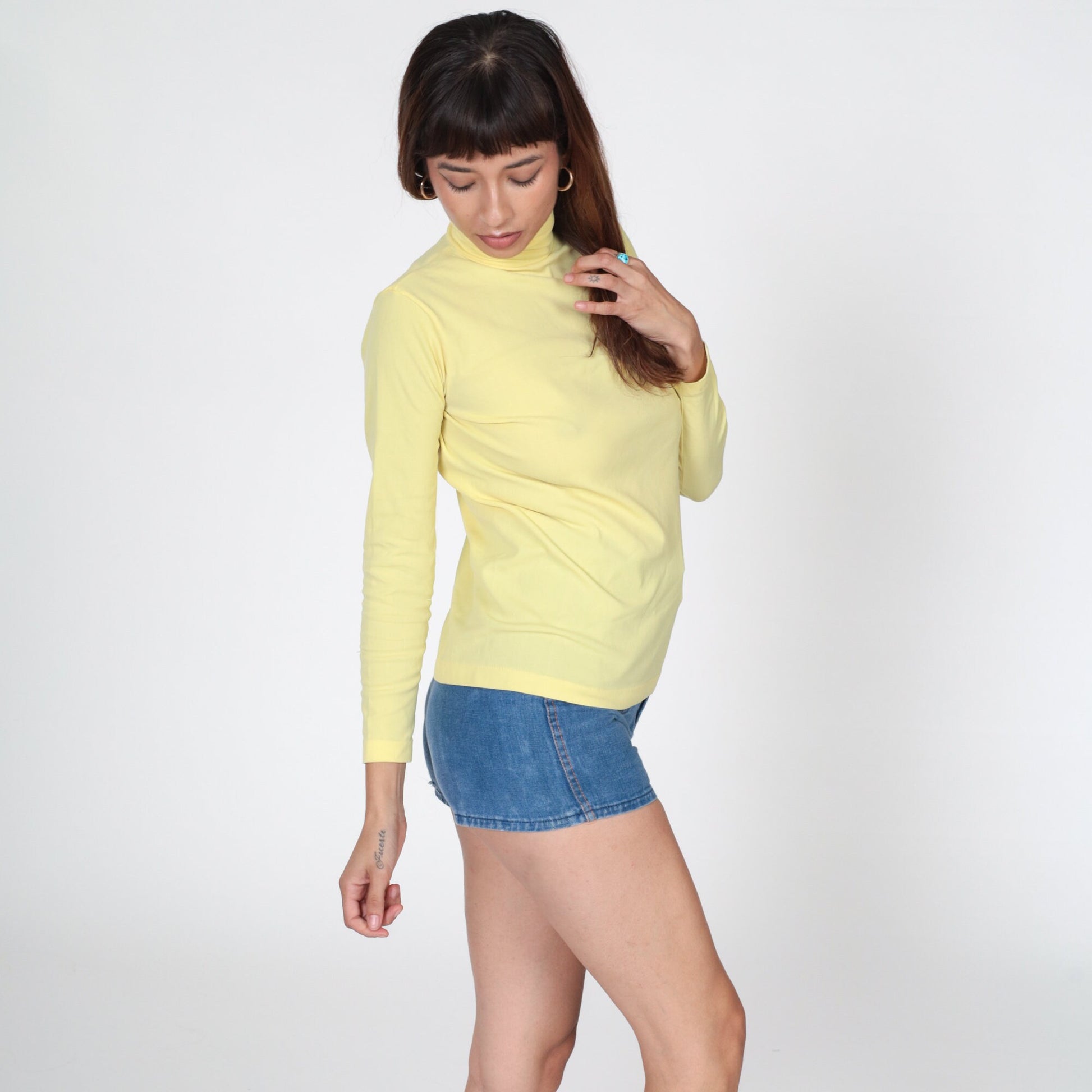 70s Yellow Turtleneck Long Sleeve Blouse Rear Zipper Small