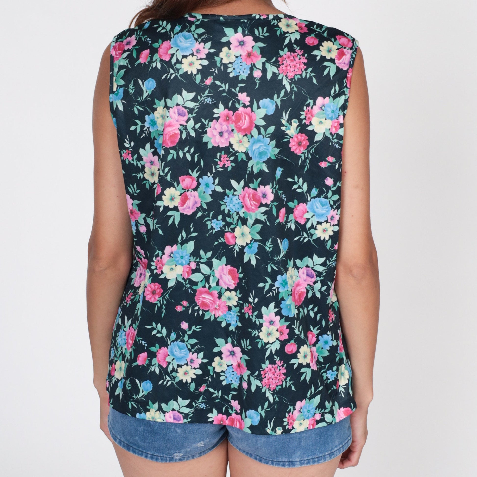 00s Black Floral Tank Top Y2K Sleeveless Blouse Wildflower Print Medium