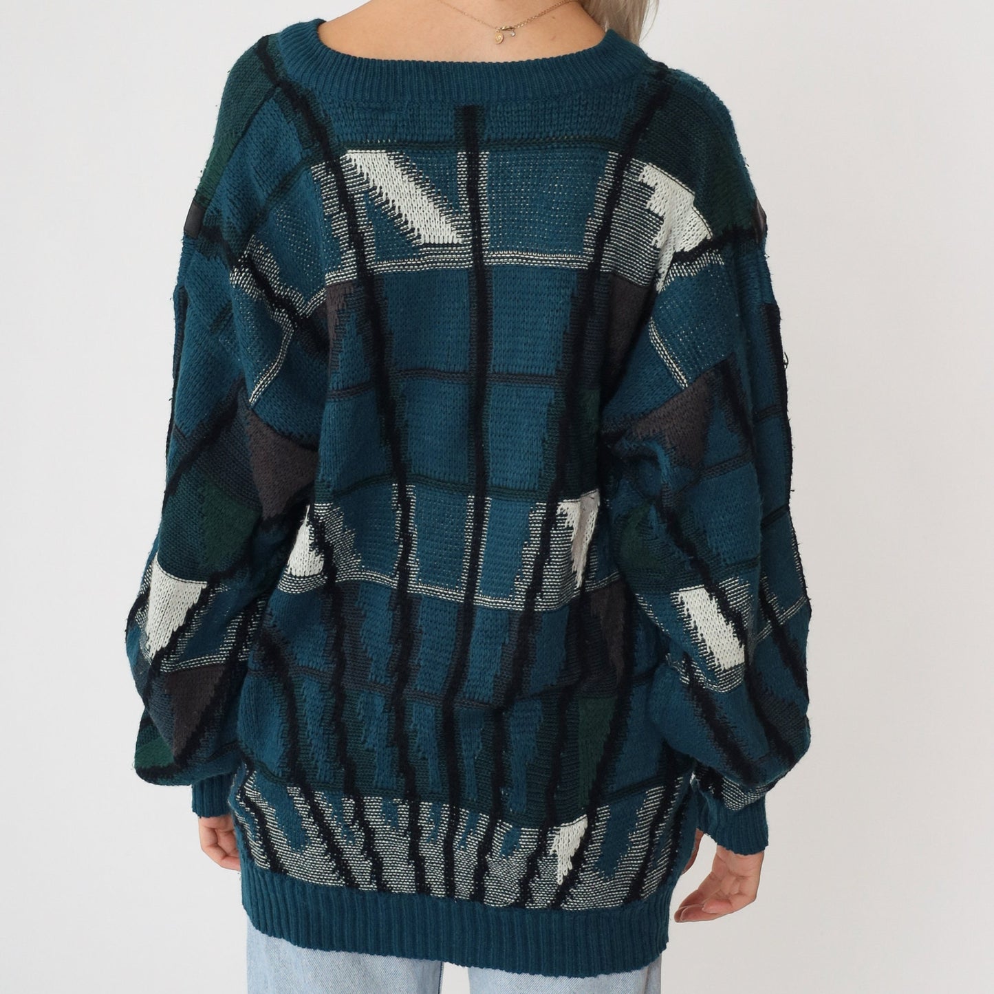 90s Urban Works Geometric Leather Trim Sweater Teal Blue Black V-Neck Large L
