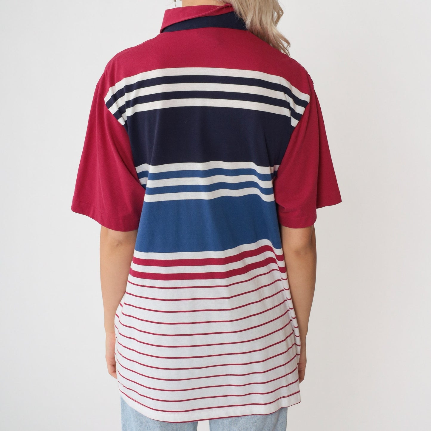 90s Striped Polo Shirt Raspberry Red Navy White Collared Cotton Large