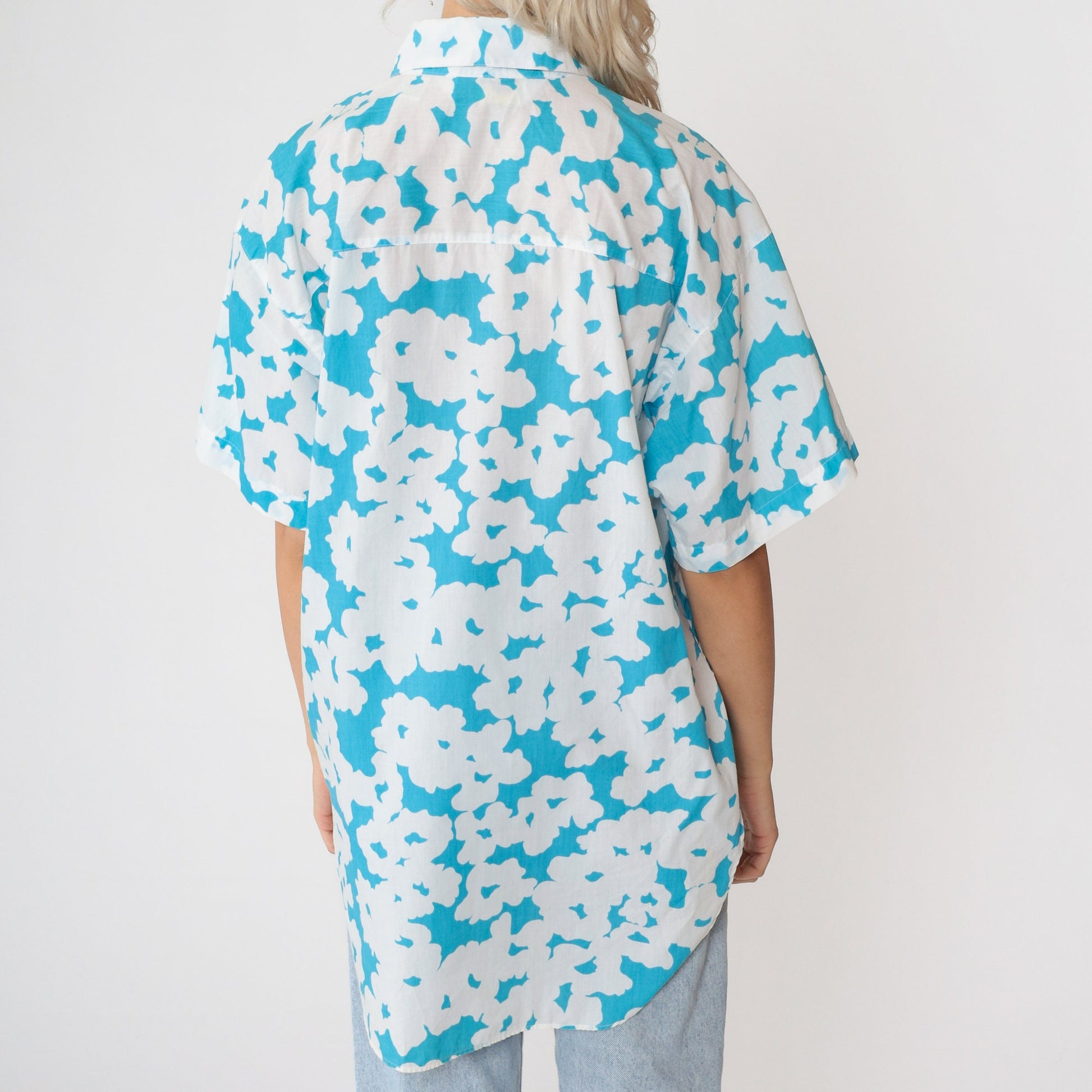90s Diane Von Furstenberg Abstract Floral Button-Up Blouse White Blue Medium