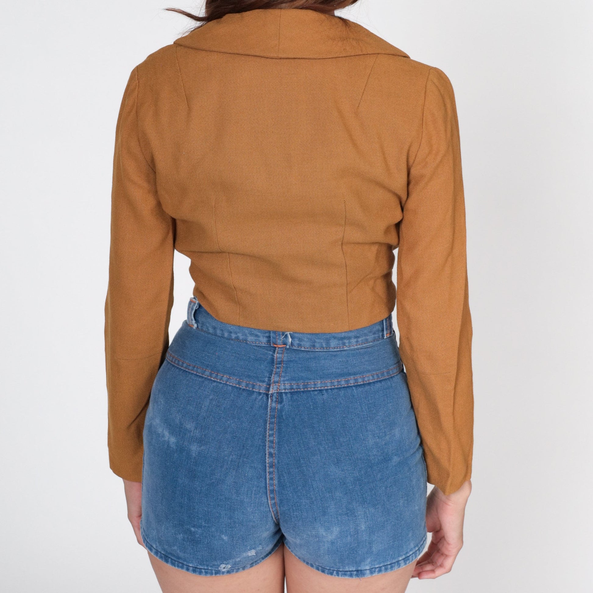 60s Vogue Brown Cropped Blazer Deep V Neckline Tailored Jacket Extra Small