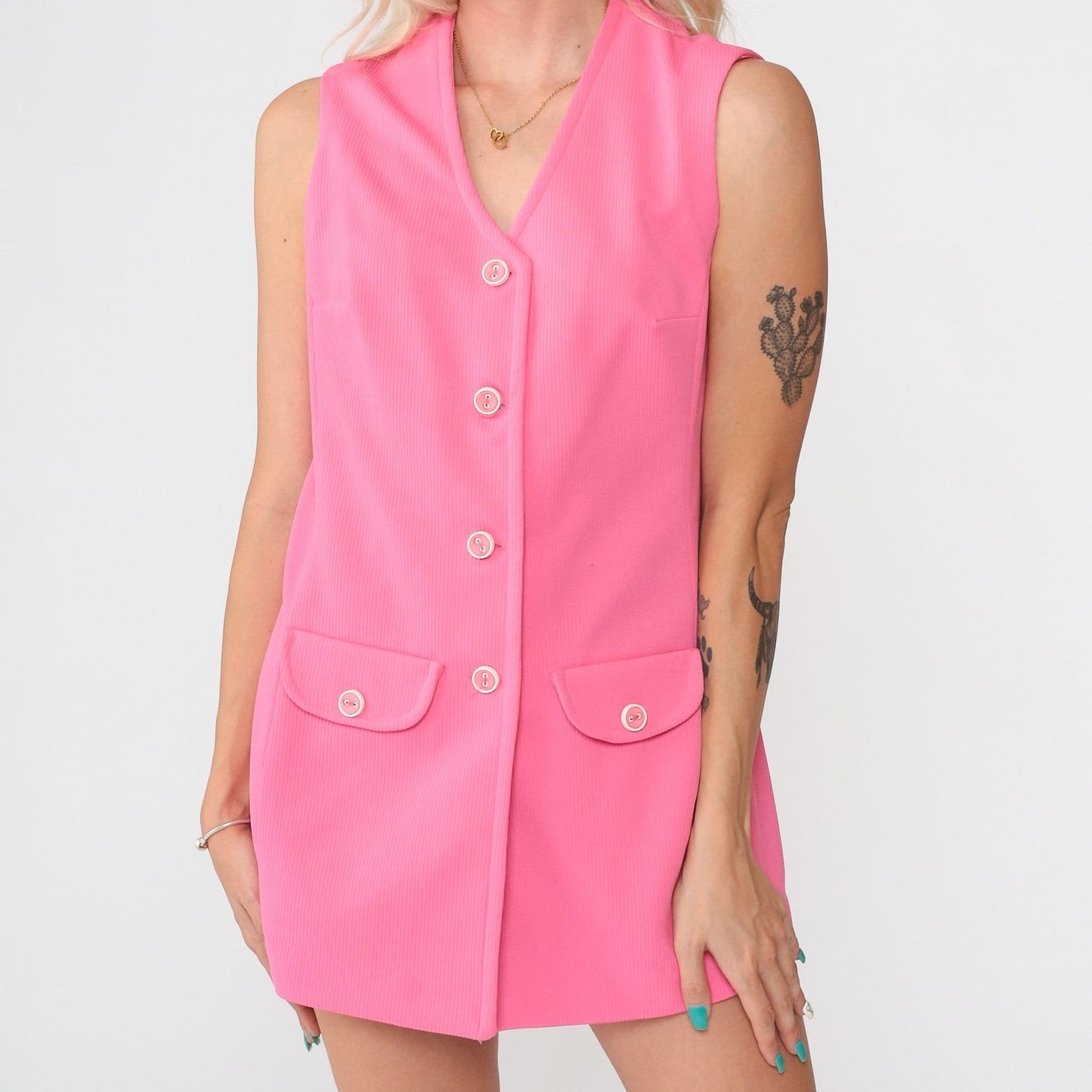 70s Pink Tank Top V Neck Button Up Sleeveless Blouse Small S
