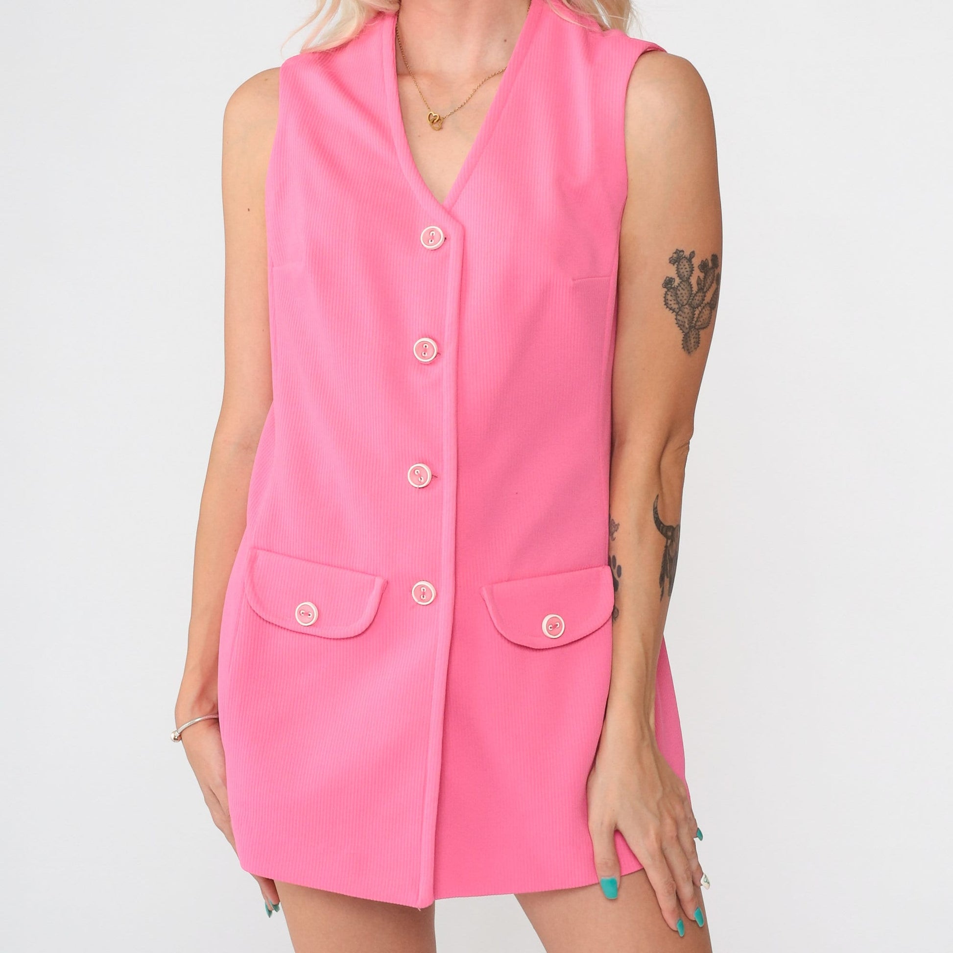 70s Pink Tank Top V Neck Button Up Sleeveless Blouse Small S