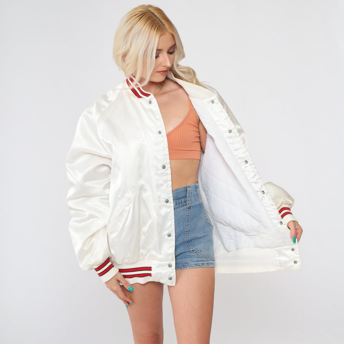 80s The Bicycle Source Bomber Jacket White Nylon Staff Uniform Extra Large XL
