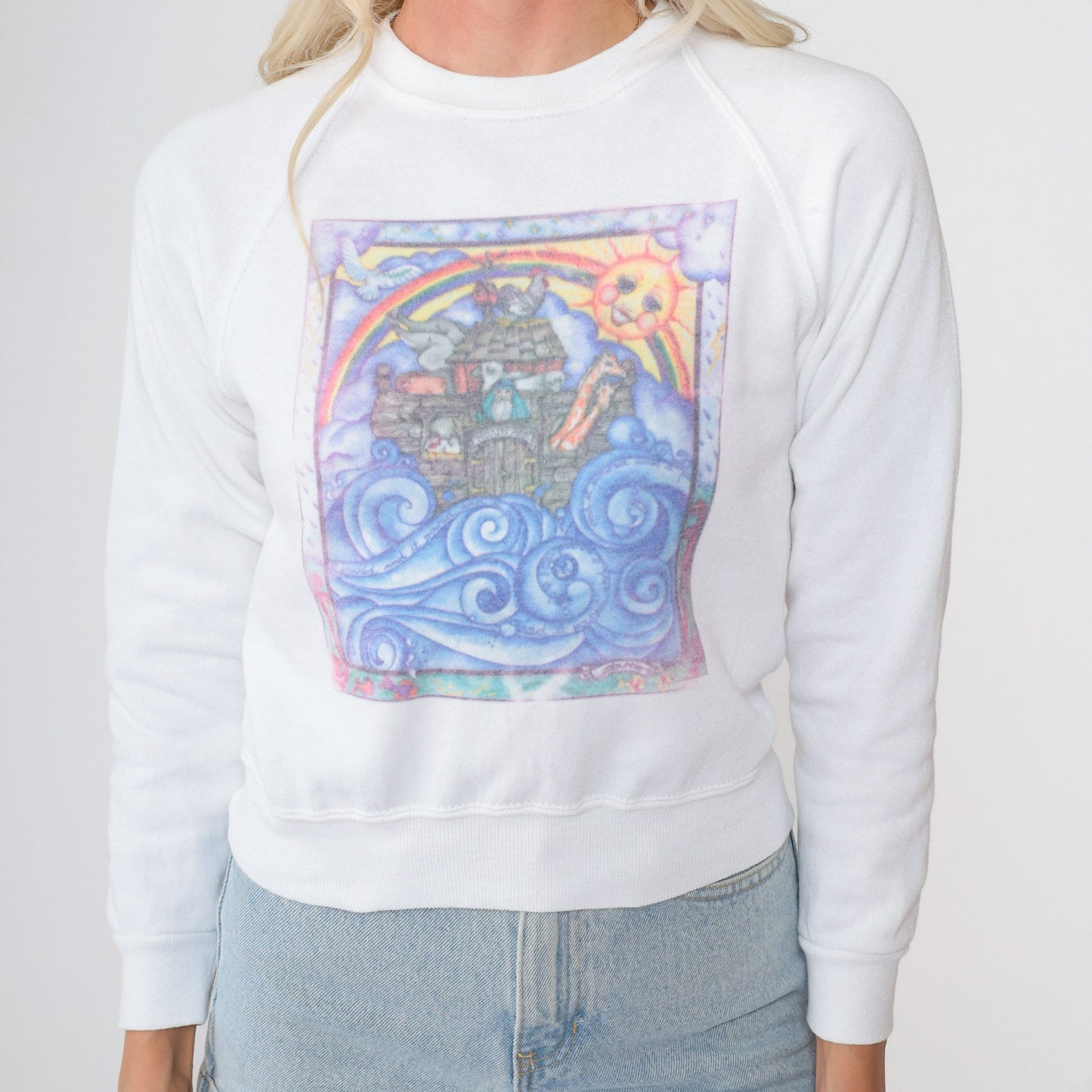 90s Noah's Ark Sweatshirt Animal Print Rainbow Raglan Graphic XXS