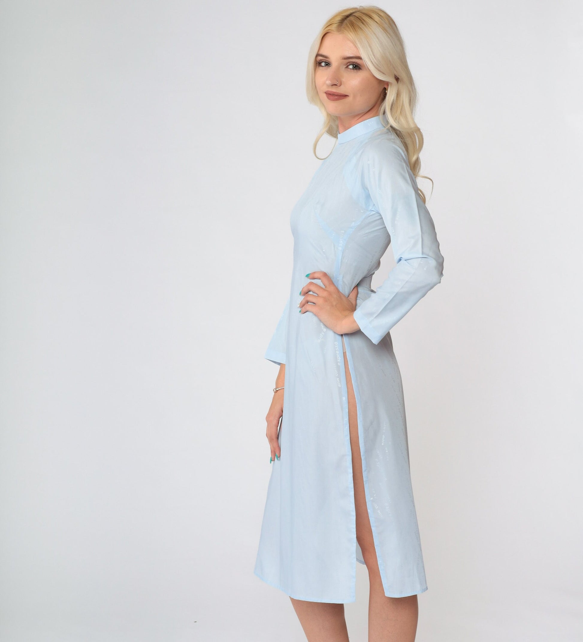 90s Vietnamese Ao Dai Midi Dress Baby Blue Coffee Graphic Mandarin Collar Extra Small