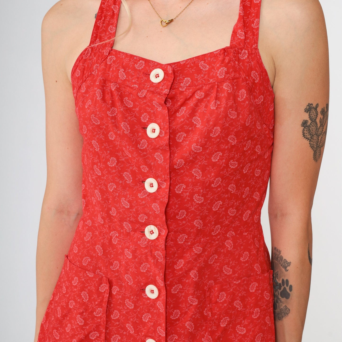 70s Red Paisley Micro Mini Sundress White Print Button Front XXS