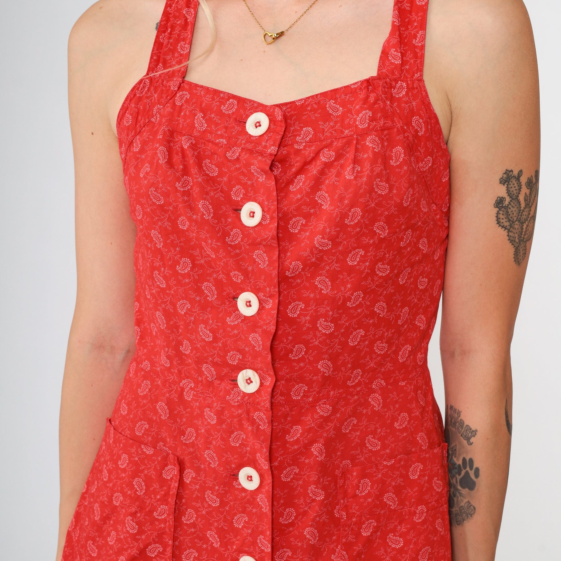 70s Red Paisley Micro Mini Sundress White Print Button Front XXS