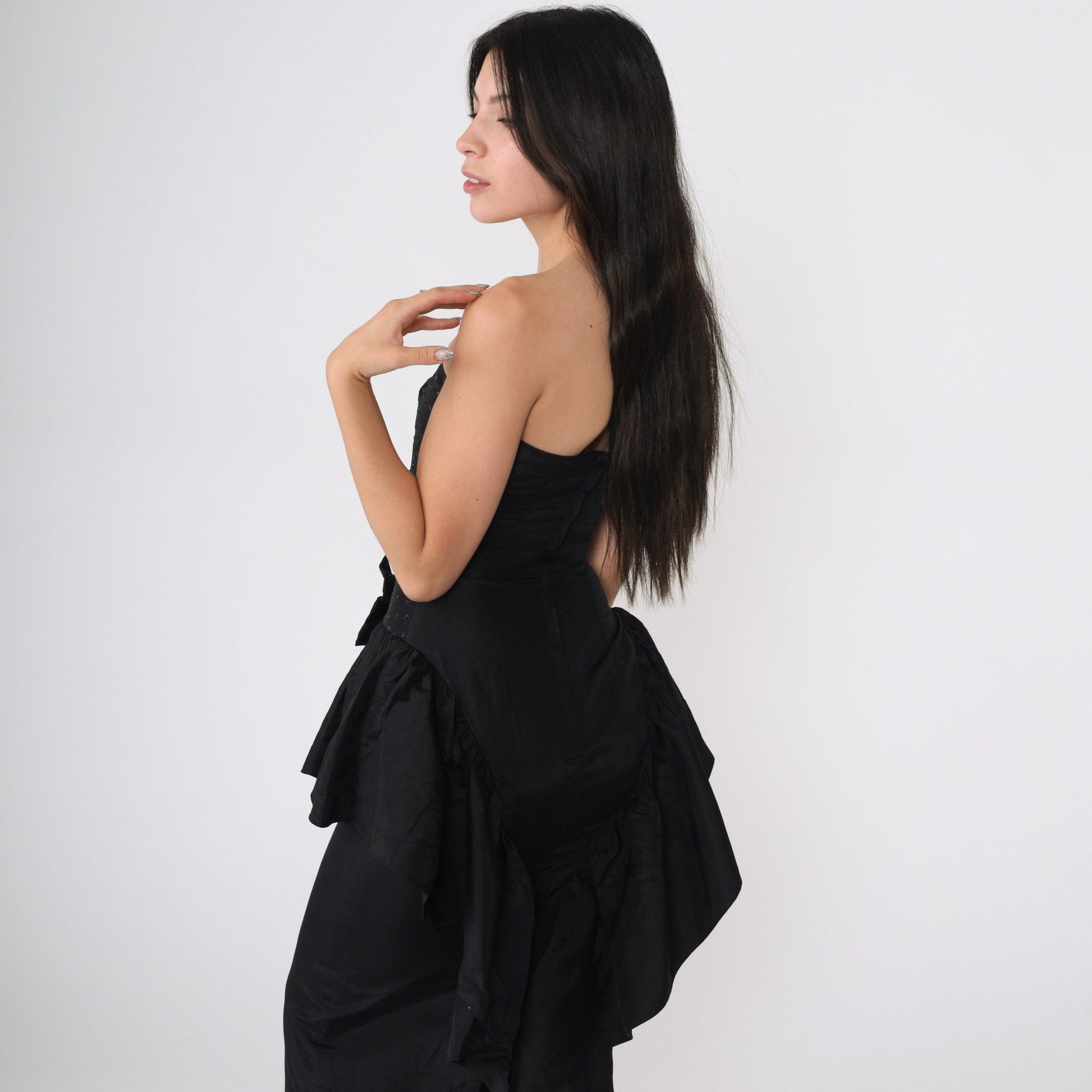 80s Gunne Sax Black Glitter Strapless Maxi Dress Sweetheart Neckline XXS