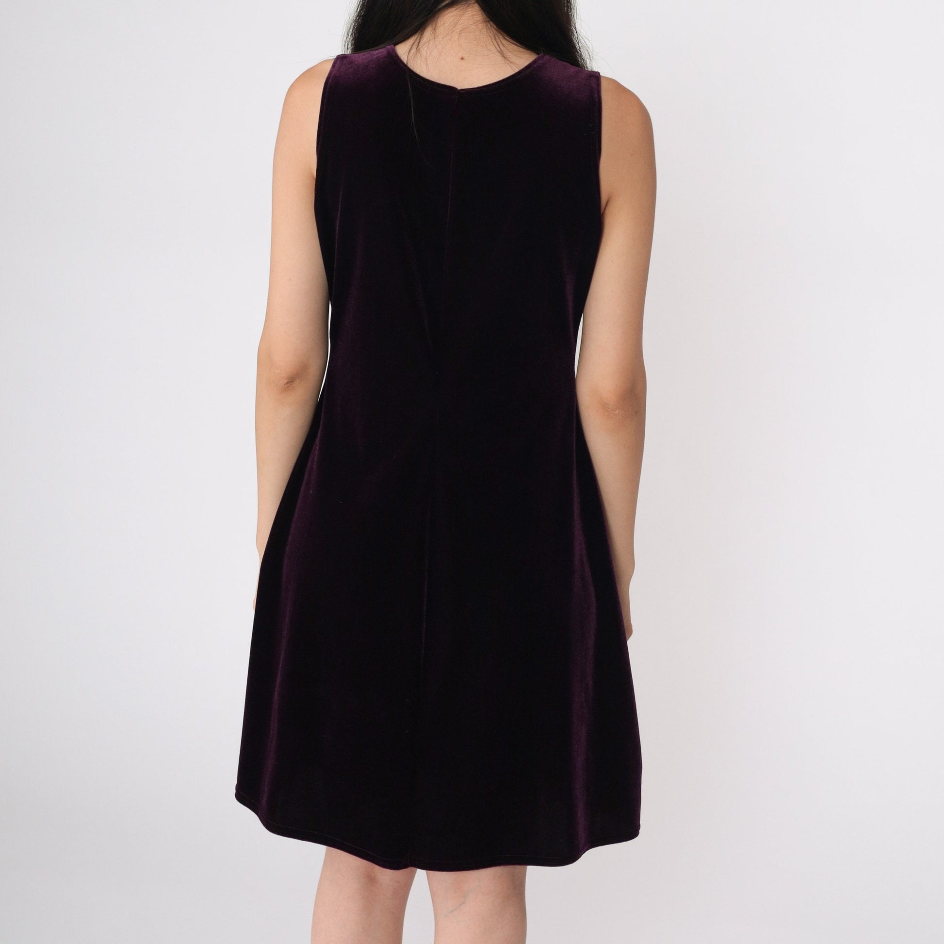 90s Purple Velvet Mini Dress Sleeveless Scoop Neck Shift Small