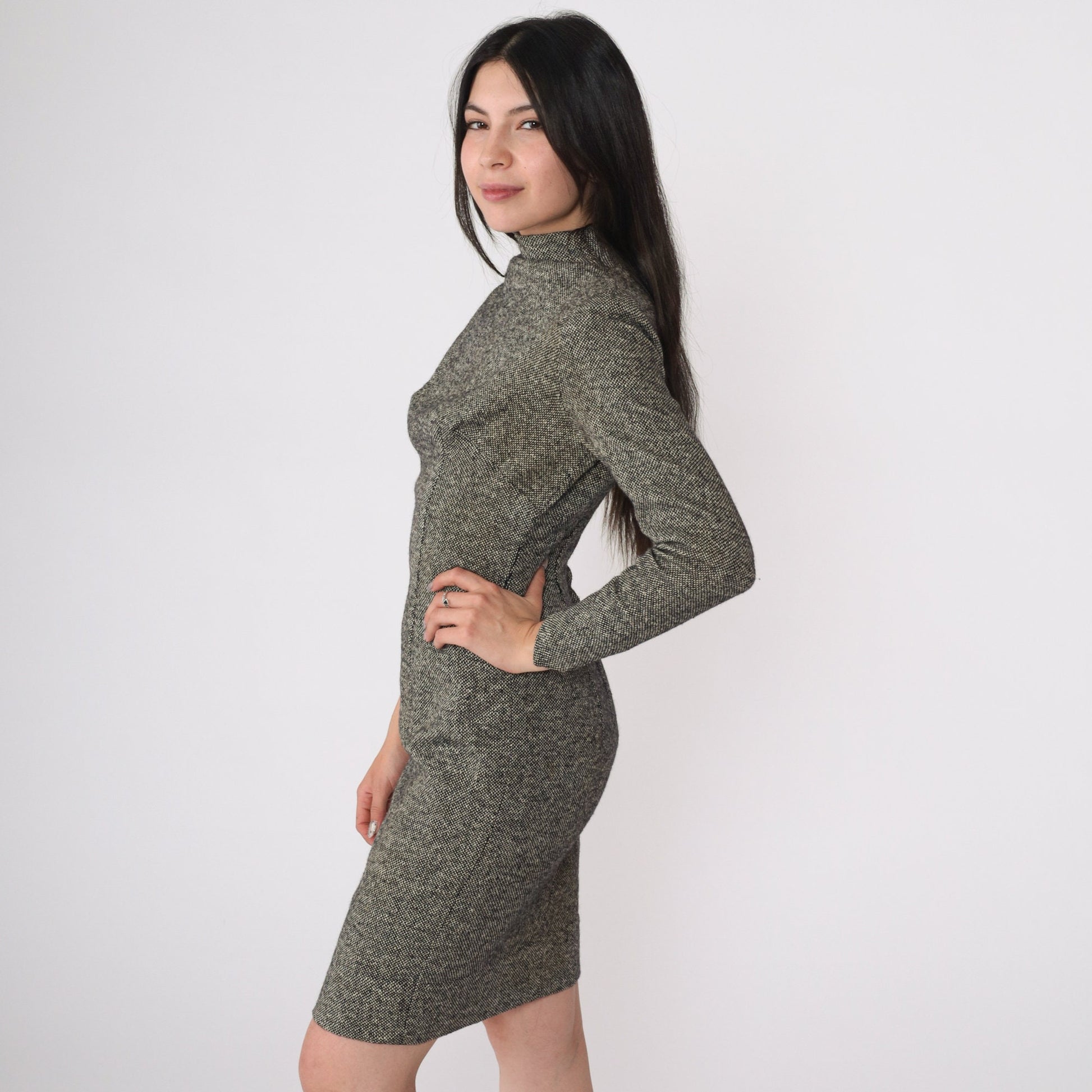1960s S Eisenberg Wool Dress Black White Flecked Mock Neck Long Sleeve Small