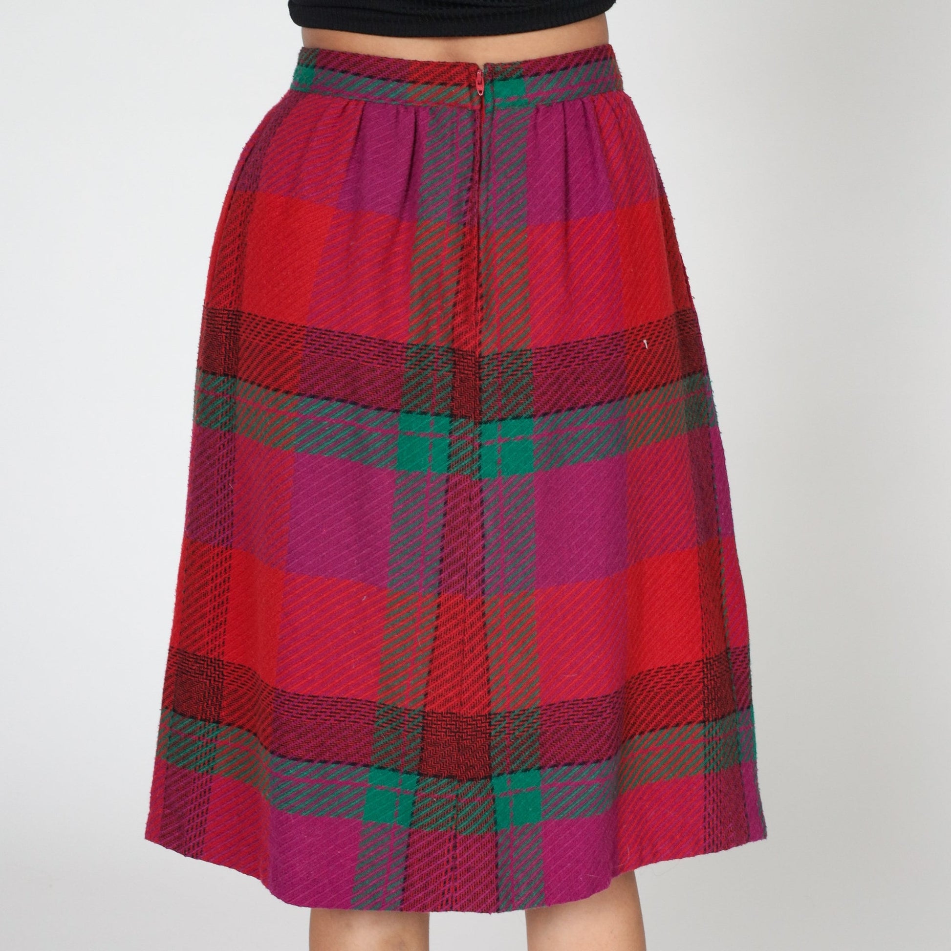 70s Red Plaid Midi Skirt High Waisted A-Line Pockets Small