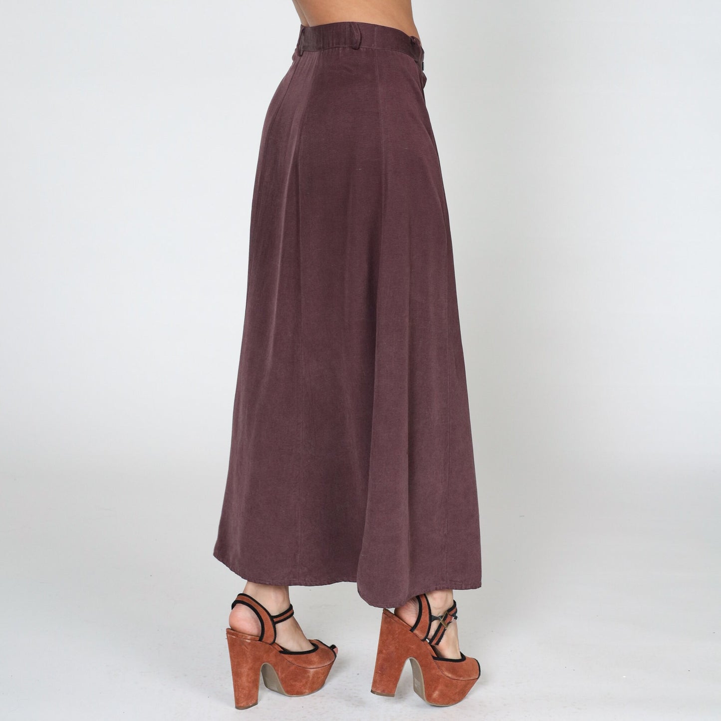90s Dark Burgundy Silk Maxi Skirt Button-Up Front Small S