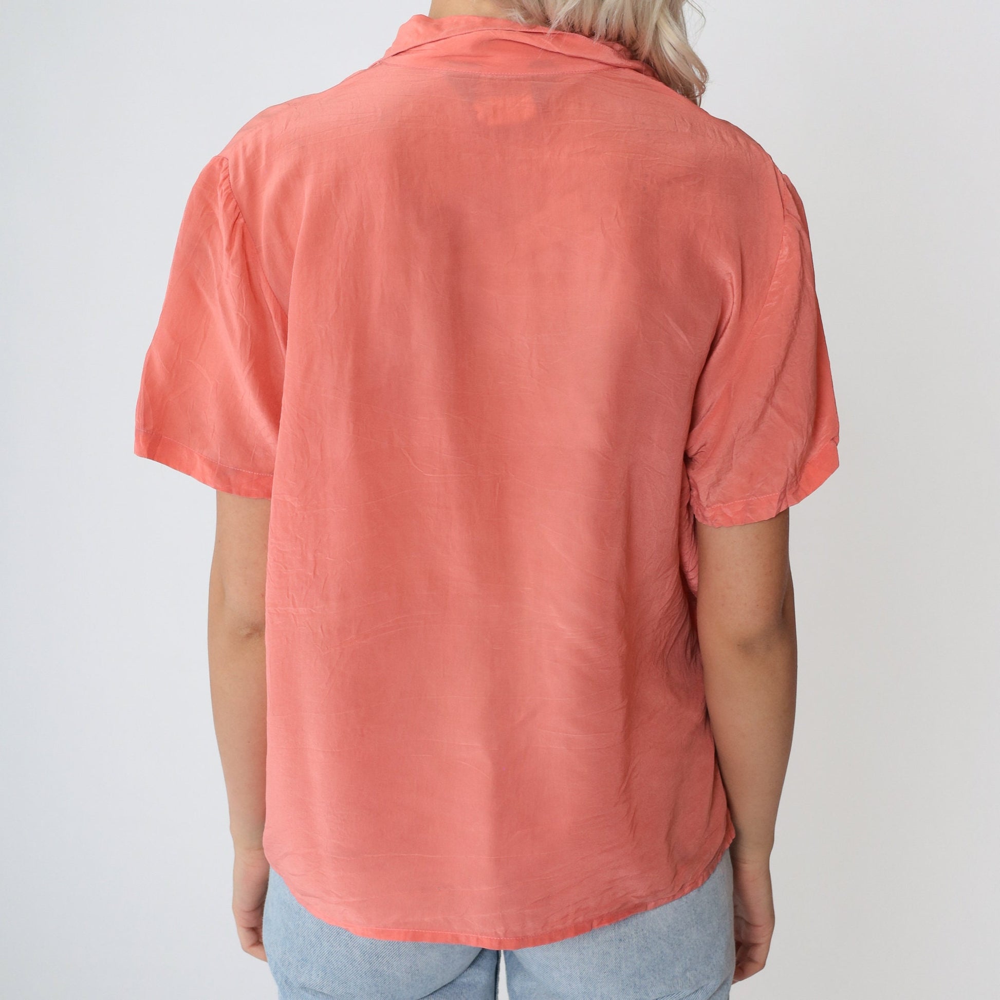 80s Nordstrom Silk Button-Up Blouse Peach Short Sleeve Chest Pocket Large L