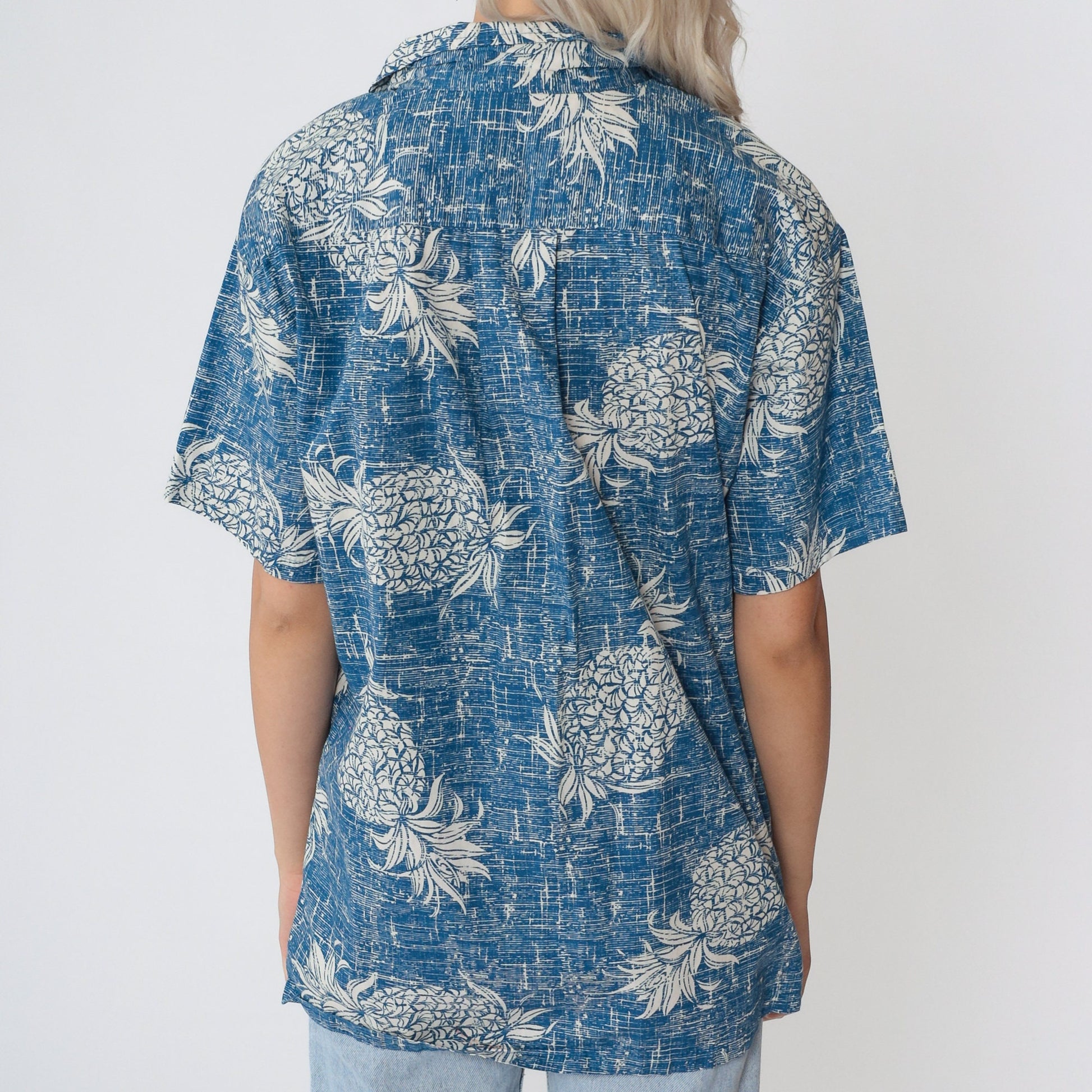 Y2K Pineapple Print Hawaiian Shirt Blue Button Up Men's Medium