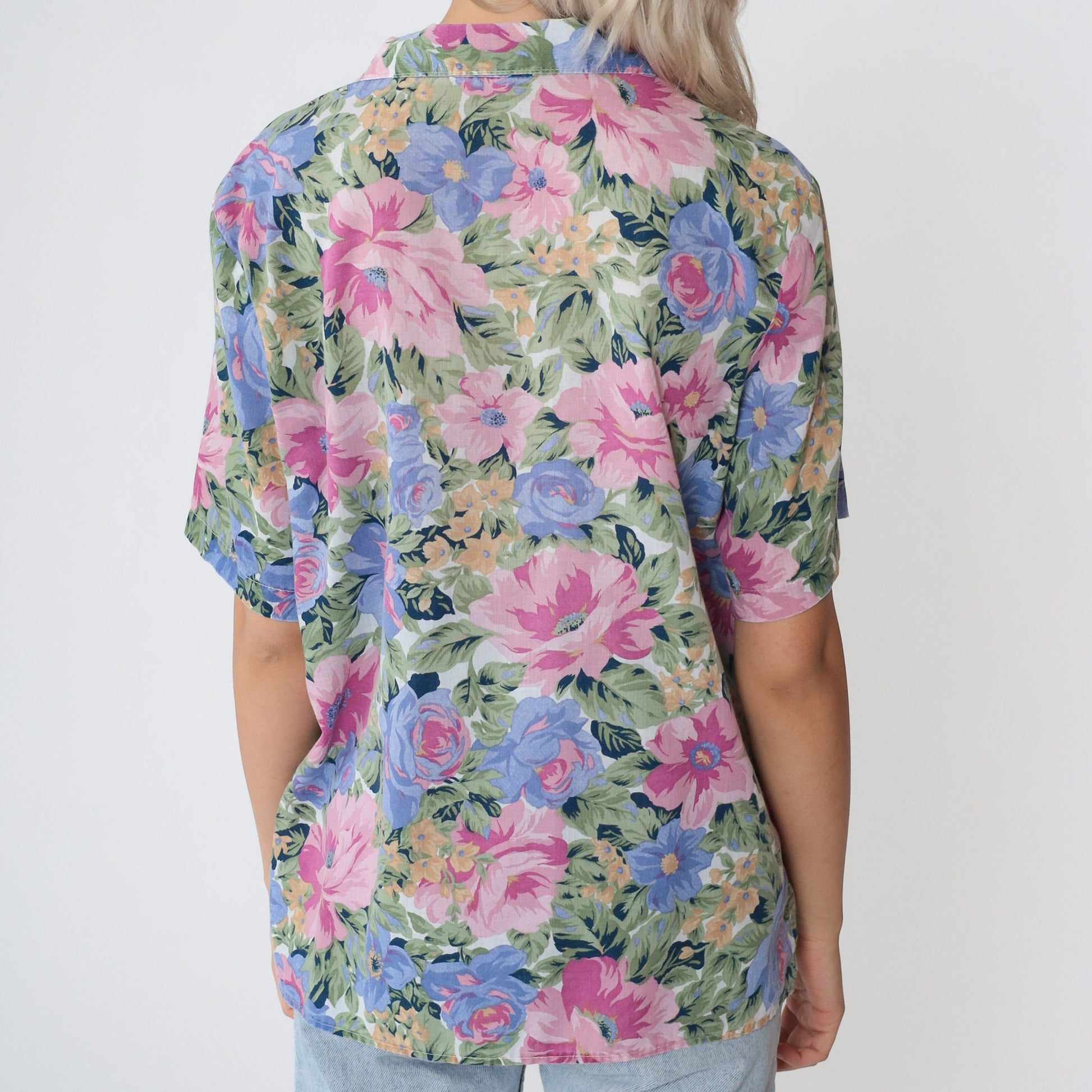 90s Floral Button-Up Blouse Short Sleeve Collared Shirt Multicolor Medium M