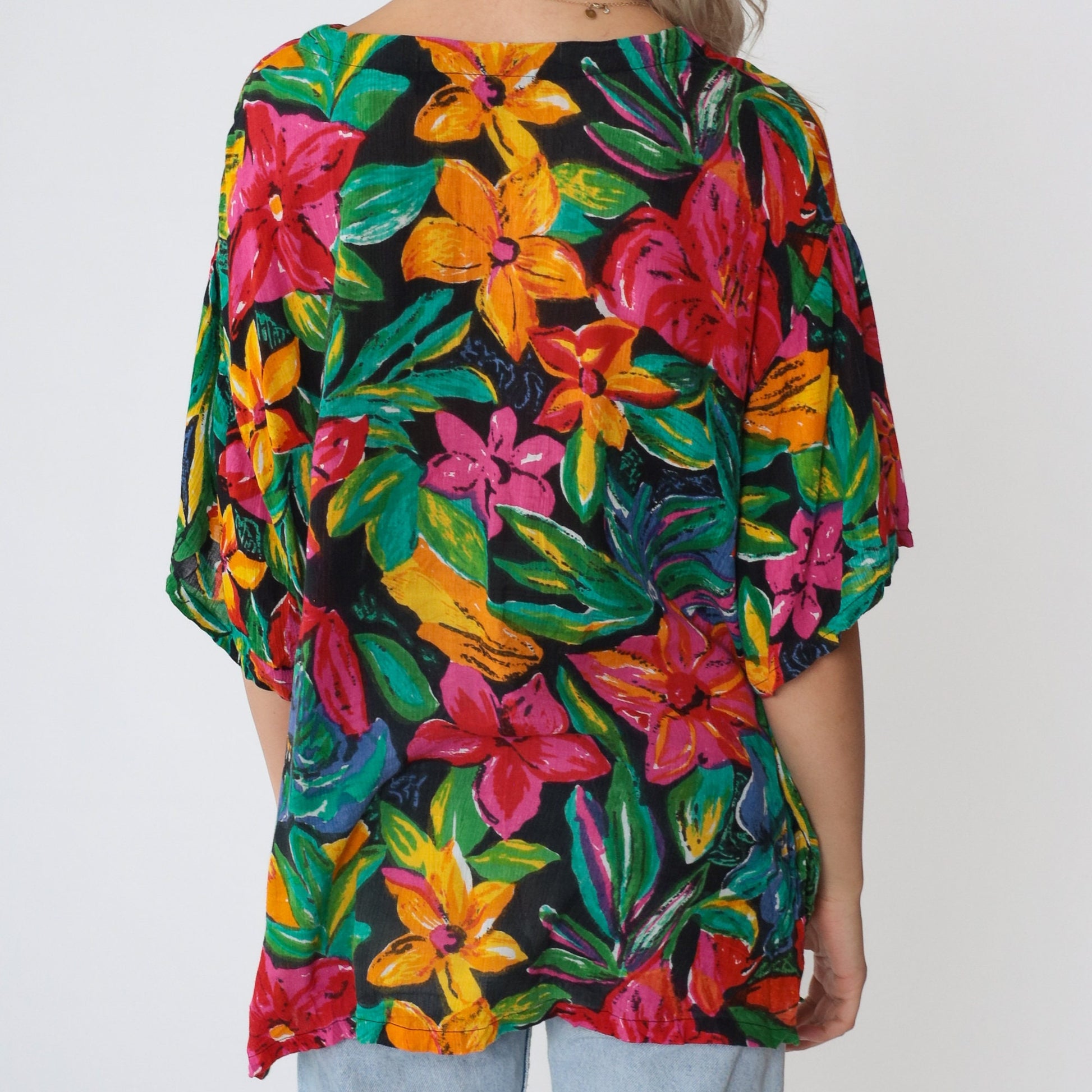 Y2K Tropical Floral Blouse Carole Little Short Sleeve Chest Pocket Medium