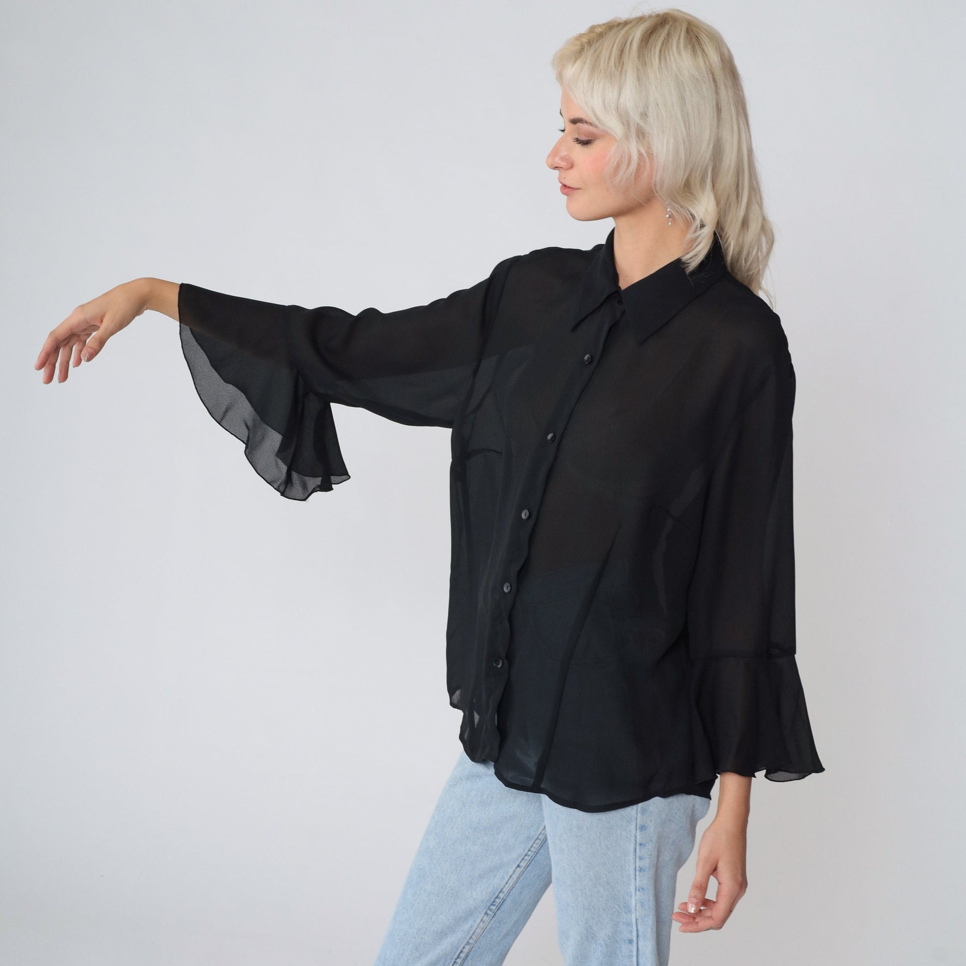 90s Black Sheer Button-Up Blouse Flounce Angel Bell Sleeve Large