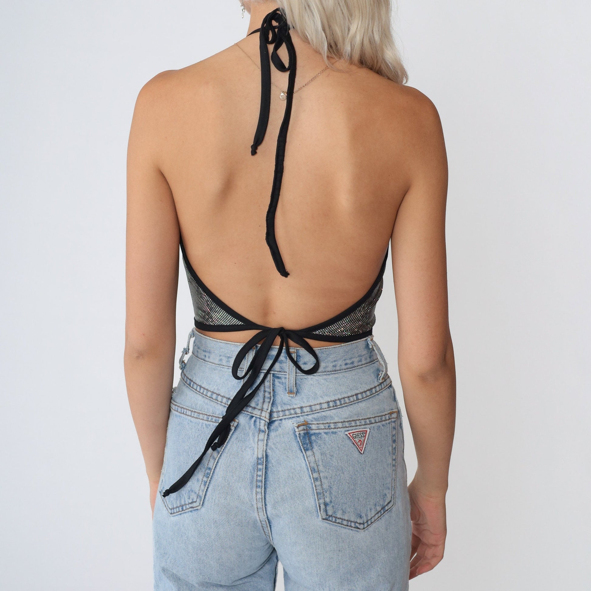 Y2K Holographic Halter Crop Top Silver Sparkly Open Back Tank Medium