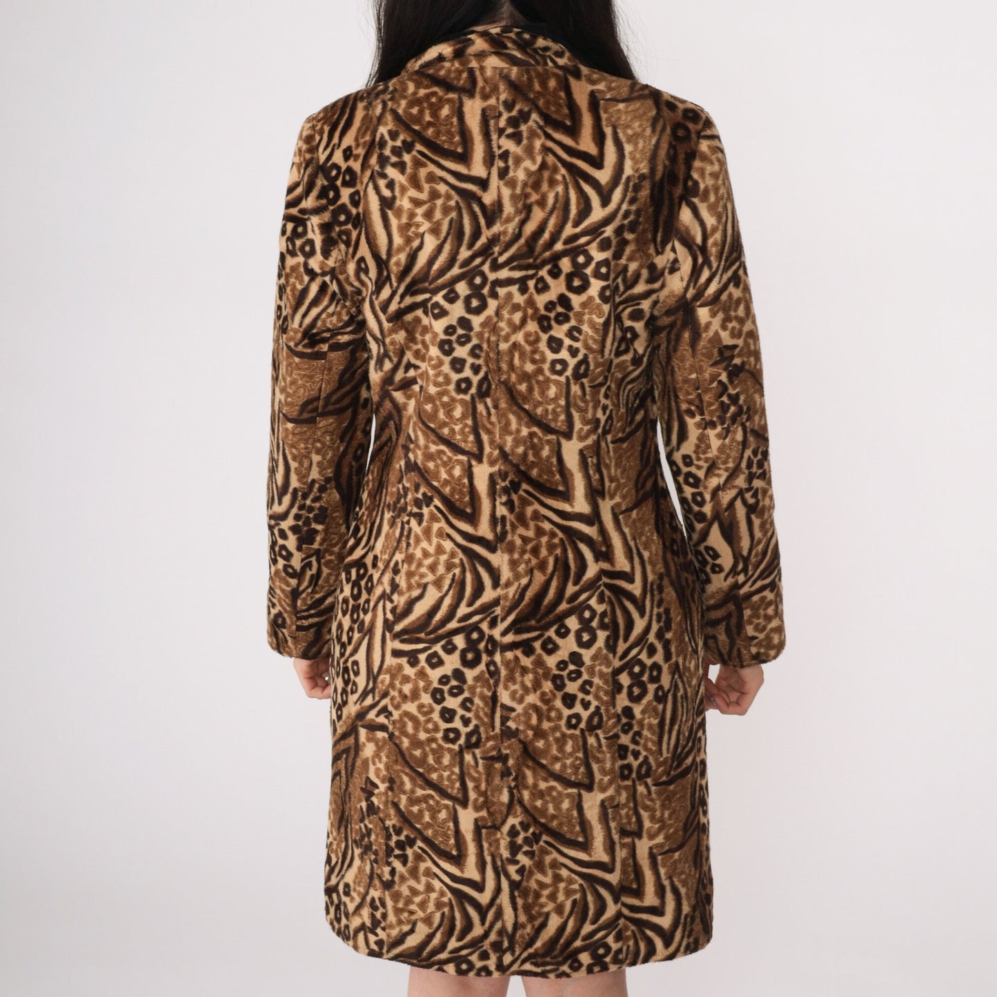 80s Leopard Tiger Print Faux Fur Coat Black Collar Small S
