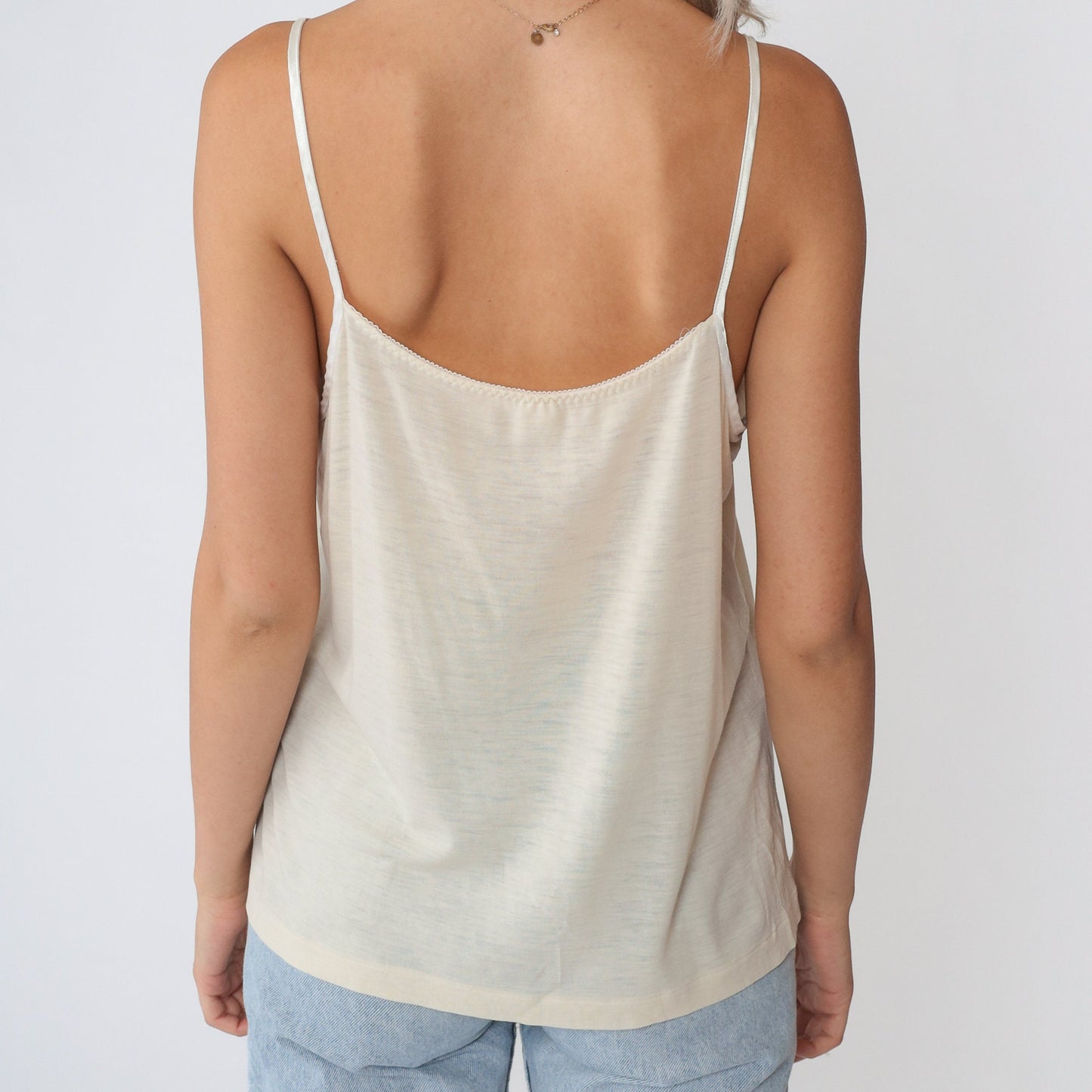 90s Beige Camisole Tank Top White Floral Applique Semi-Sheer Medium