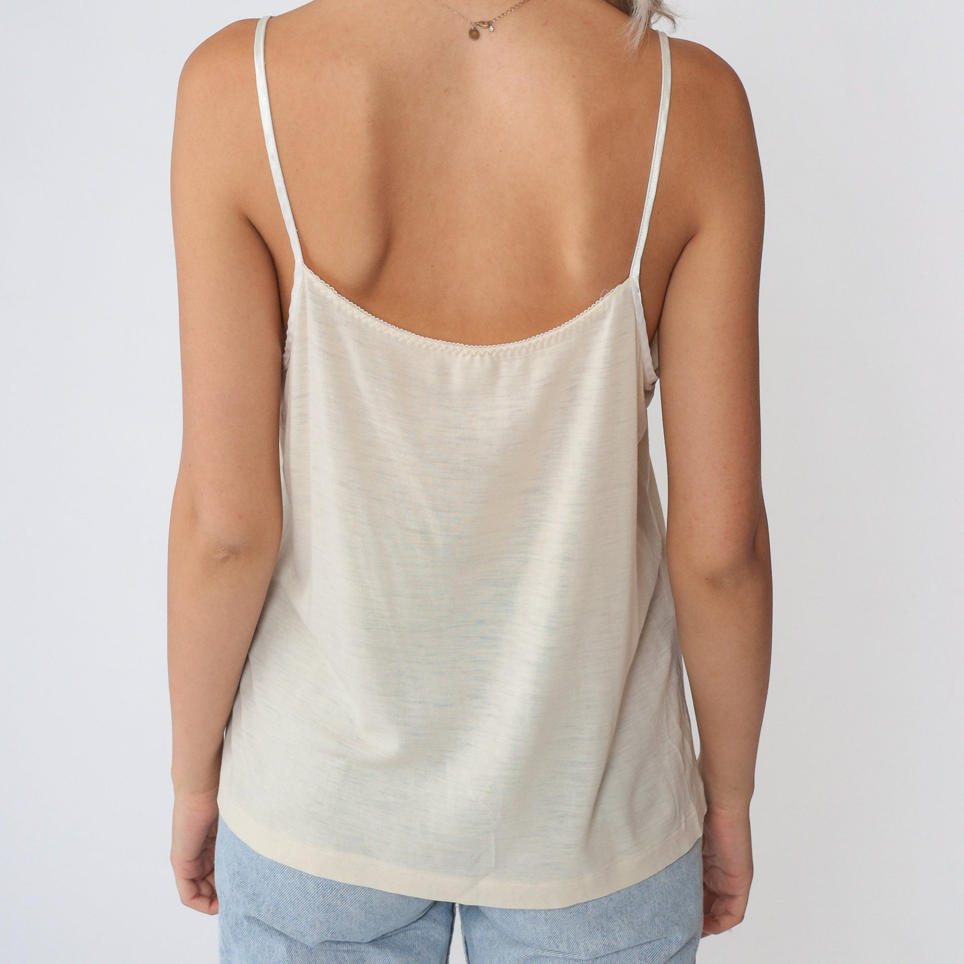 90s Beige Camisole Tank Top White Floral Applique Semi-Sheer Medium