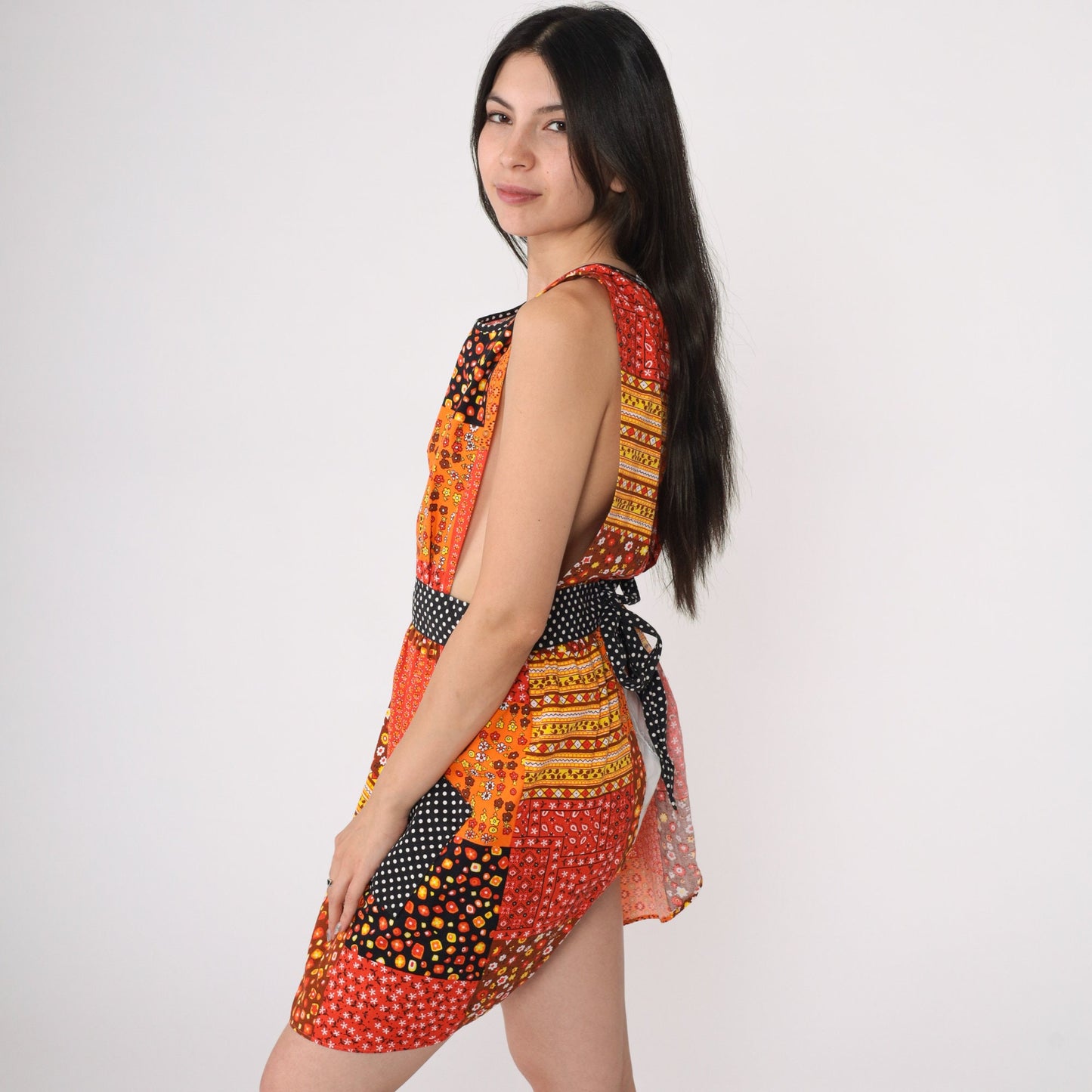 70s Patchwork Floral Apron Dress Orange Mini Sleeveless High Waist Small