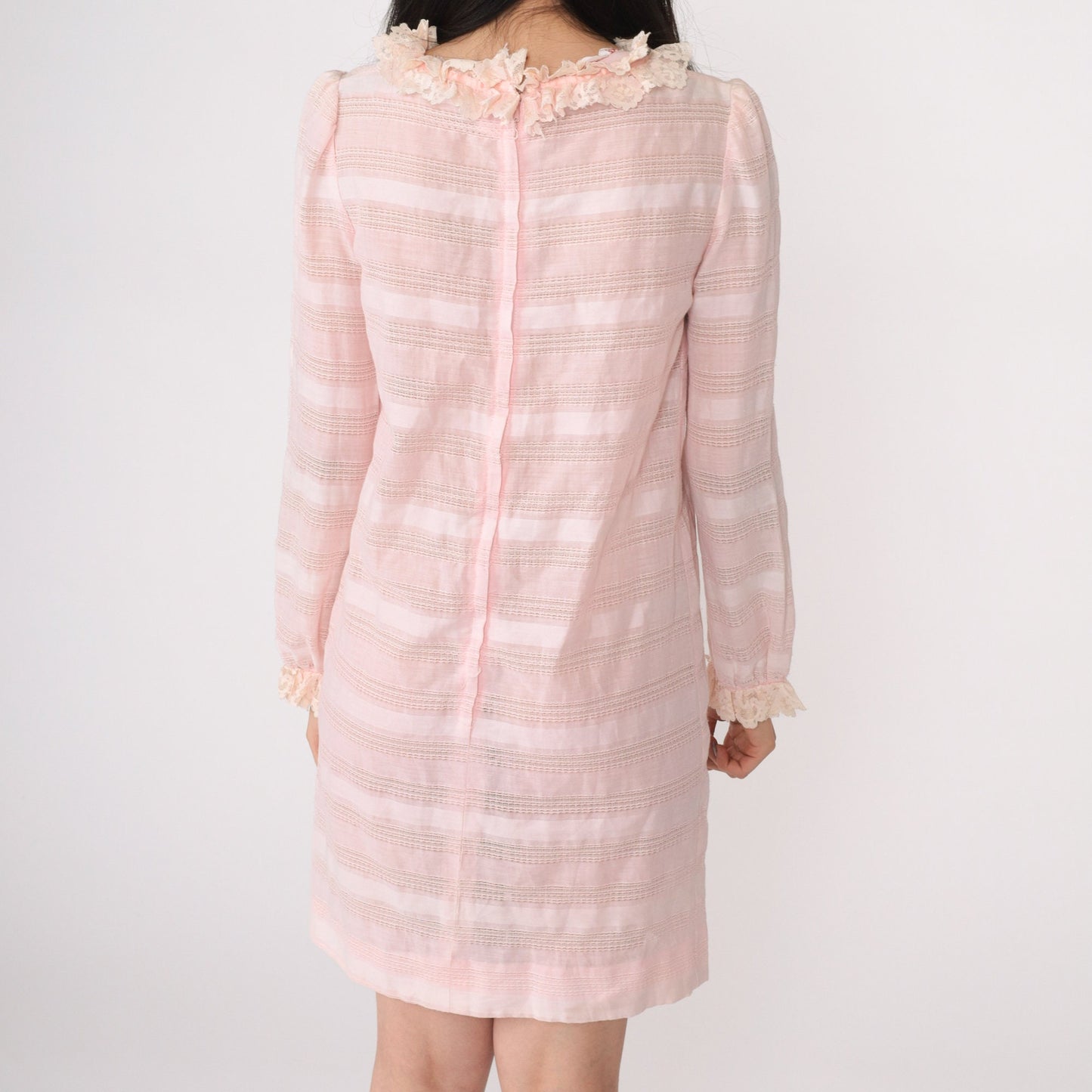 1960s Vicky Vaughn Mod Mini Dress Baby Pink Striped Lace Puff Sleeve Extra Small